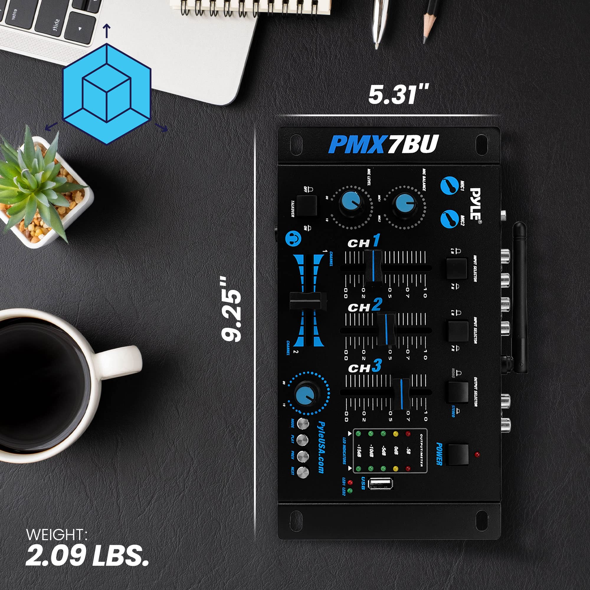 Pyle Wireless DJ Audio Mixer - 3 Channel Bluetooth Compatible DJ Controller Sound Mixer, Mic-Talkover, USB Reader, Dual RCA Phono/Line In, Microphone Input, Headphone Jack, Black - PMX7BU 3-Channel - Image 3
