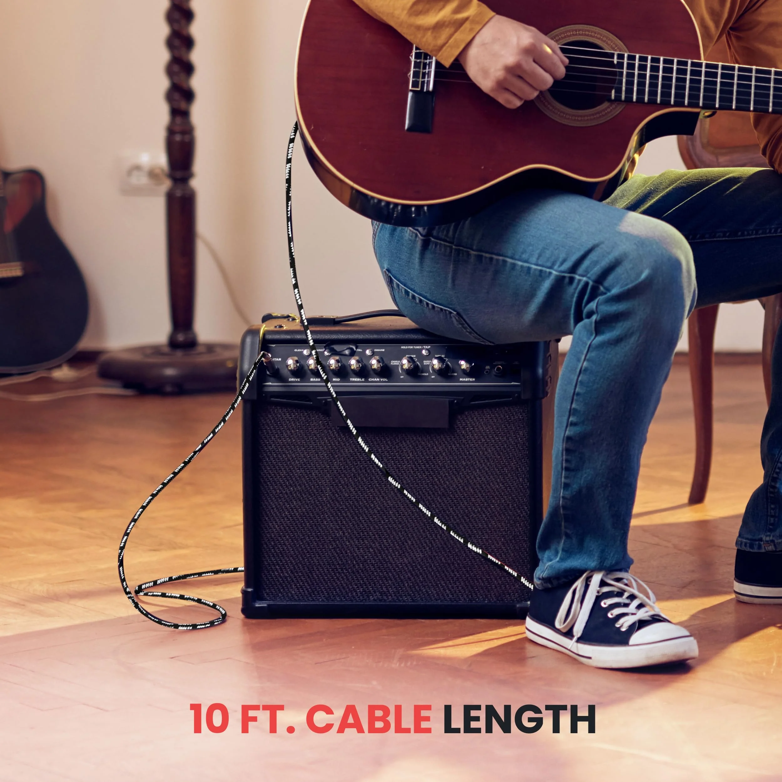 PyleUsa 10 Ft. Guitar Instrument Cable - AMP Cord Straight 1/4-Inch TS to Straight for Electric Guitar, Bass, Keyboard, Flexible Tweed Jacket, Gold Plated Plug - PPJJ101 - Image 4