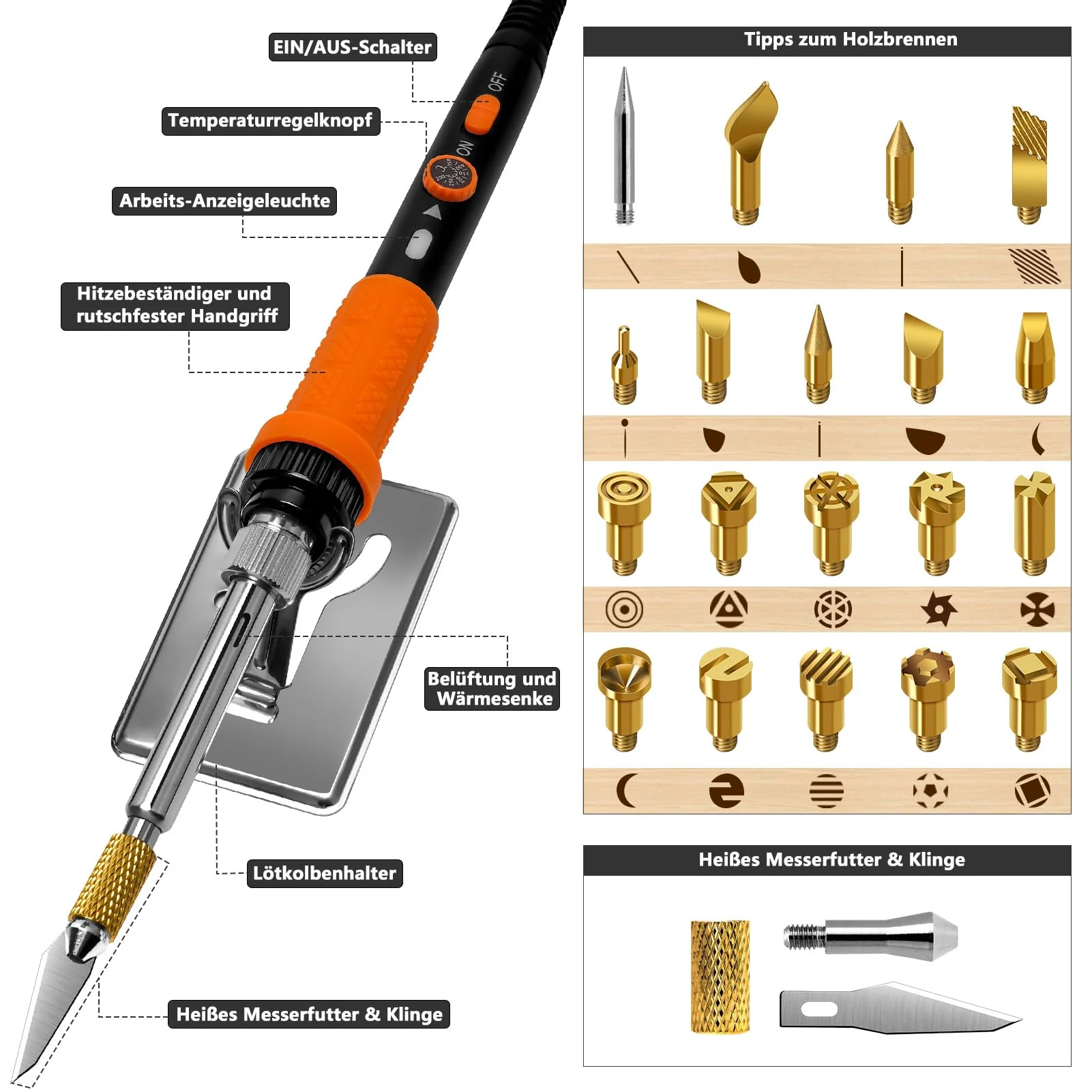 Pyrography Soldering Iron Set, 76-Piece Burning Tool with Adjustable Temperature from 200 to 450°C, Burning Iron Set with Pyrography Pen for Embossing, Carving, DIY Crafts 2-Orange Colour. - Image 3