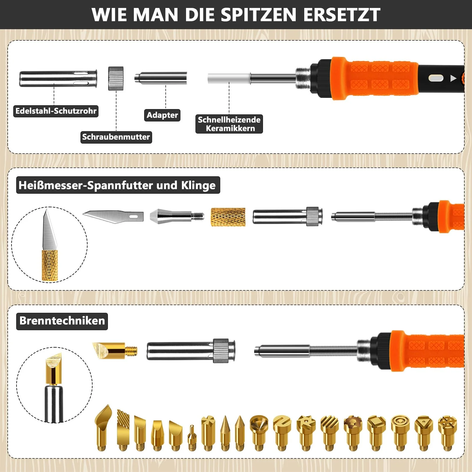 Pyrography Soldering Iron Set, 76-Piece Burning Tool with Adjustable Temperature from 200 to 450°C, Burning Iron Set with Pyrography Pen for Embossing, Carving, DIY Crafts 2-Orange Colour. - Image 4
