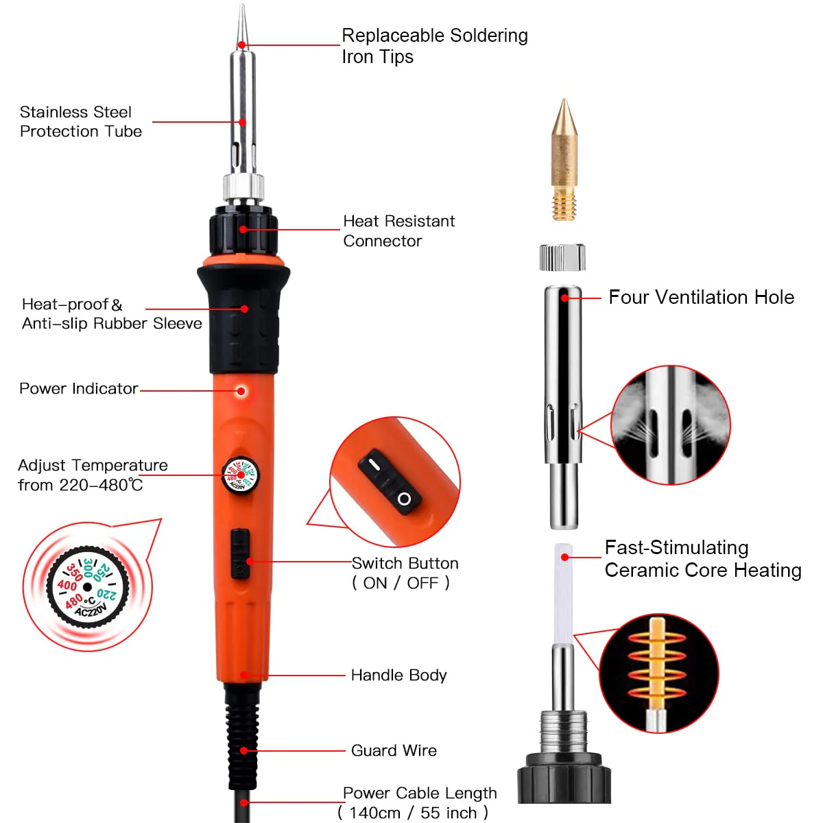 Pyrography Soldering Iron Set, Pyrography Piston Set, Temperature Adjustable 220~480 °C for Wood, Leather, Burning Iron, DIY Art Gift Set, Colour Pencils, Leather Engraving Welding, Sculpture (Orange) Orange - Image 2