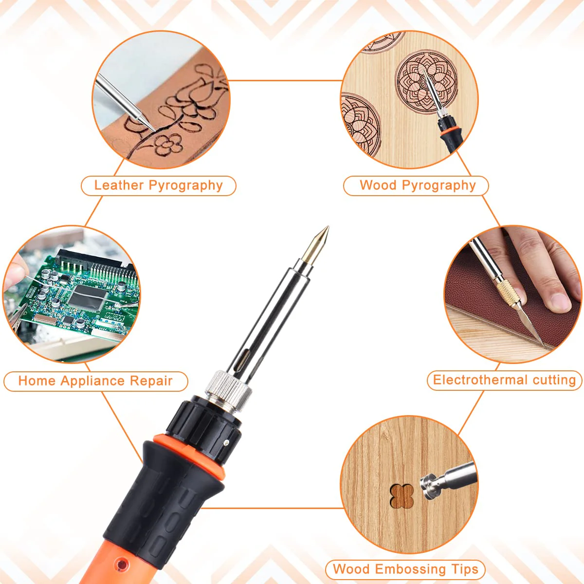Pyrography Soldering Iron Set, Pyrography Piston Set, Temperature Adjustable 220~480 °C for Wood, Leather, Burning Iron, DIY Art Gift Set, Colour Pencils, Leather Engraving Welding, Sculpture (Orange) Orange - Image 7