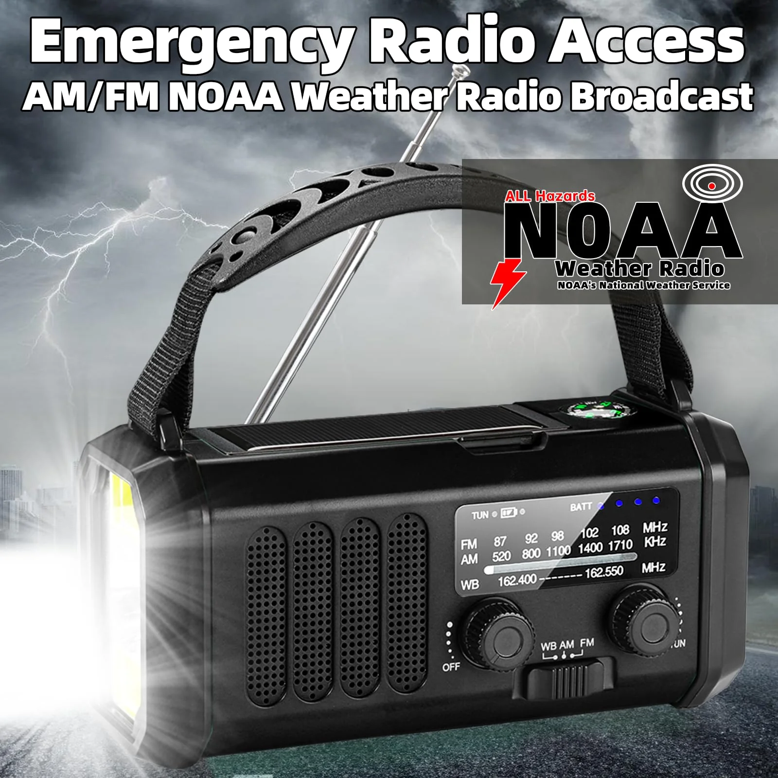 QAUYYW10000mAh/37000mWh Emergency Hand Crank Radio AM/FM with LED Flashlight Solar Radio, Portable Weather Radio, Emergency Cell Phone Charger for Family Outdoor Camping and Emergency Rescue Us Black - Image 3
