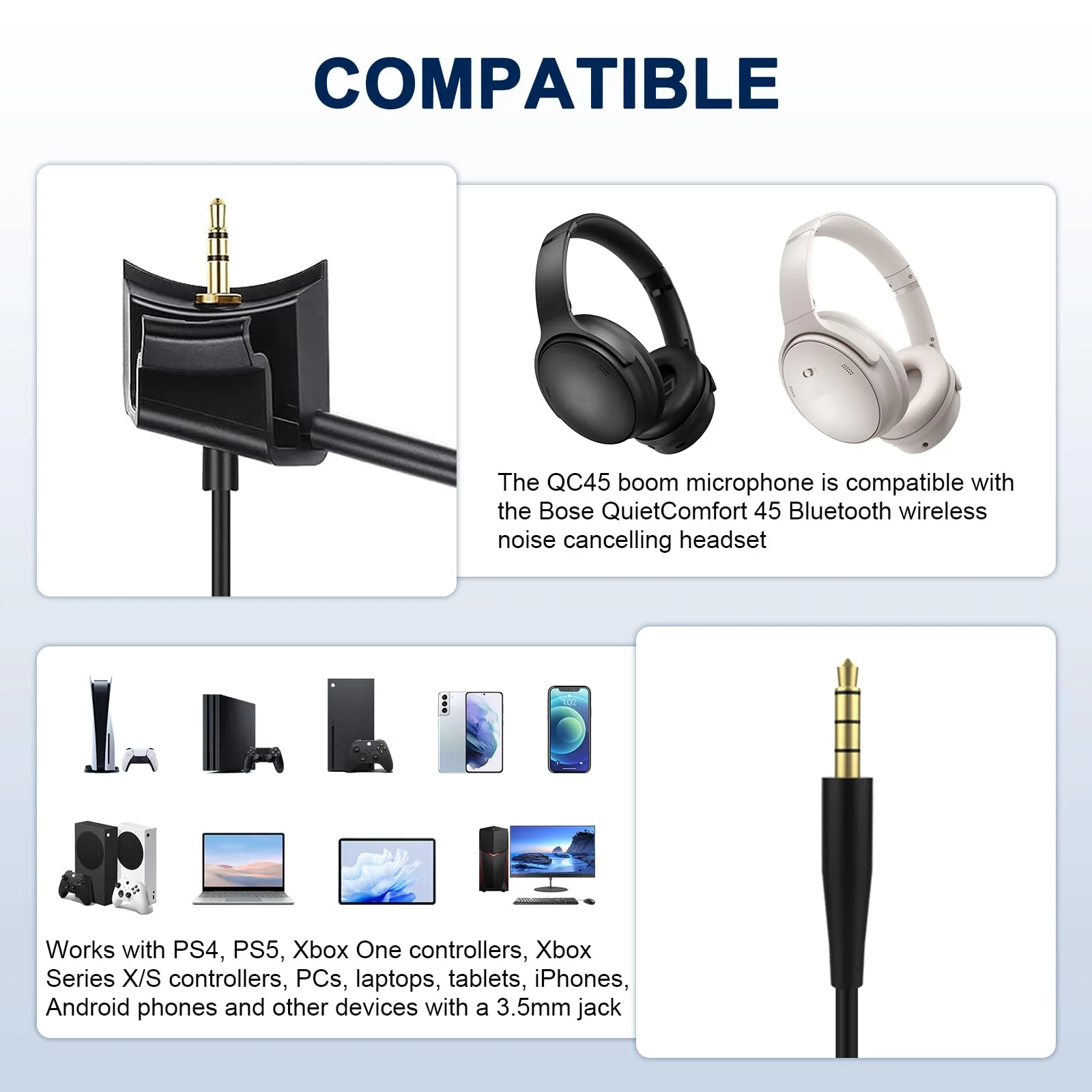 QC45 Microphone Compatible with Bose QC45 Wireless Noise Cancelling Headphones, Boom Gaming Microphone Cable with Mute Switch for PS4, PS5, PC, Xbox One Controller (QC45 Boom Mic, 3.5mm Y-Splitter) - Image 2