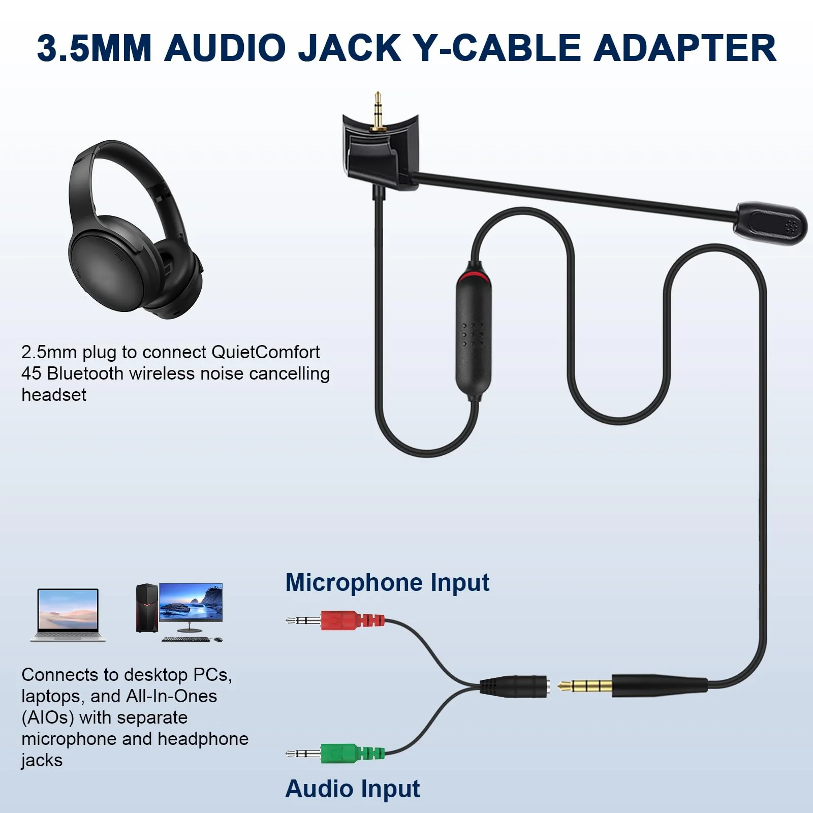 QC45 Microphone Compatible with Bose QC45 Wireless Noise Cancelling Headphones, Boom Gaming Microphone Cable with Mute Switch for PS4, PS5, PC, Xbox One Controller (QC45 Boom Mic, 3.5mm Y-Splitter) - Image 6