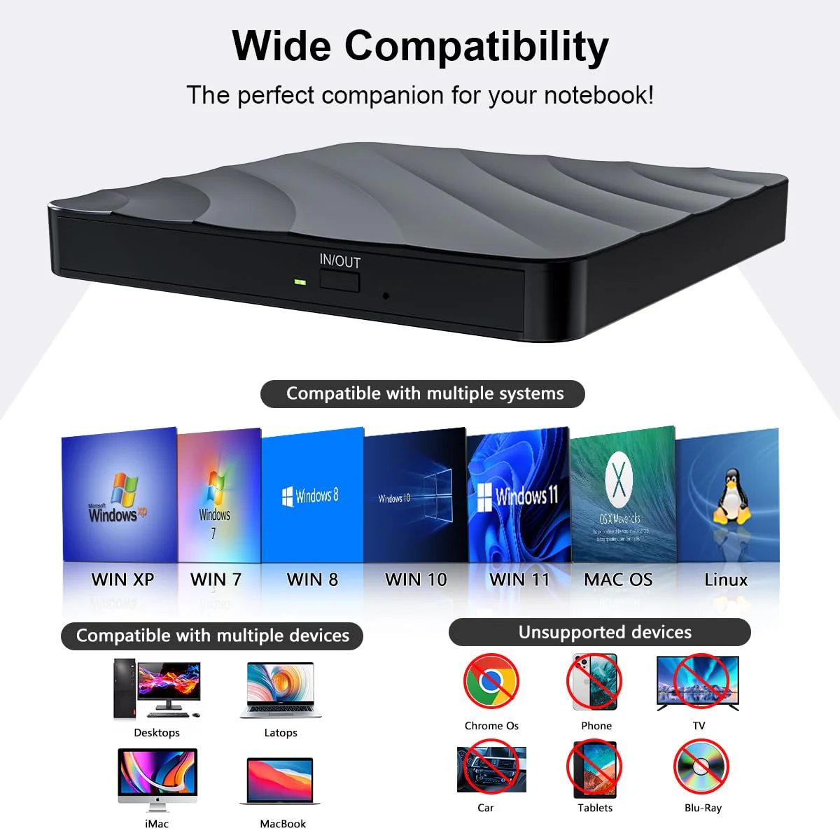 QDSYLQ External CD DVD Drive for PC - USB 3.0 CD Burner DVD Player for Laptop, External Optical Drives for PC/MacBook, Disc Reader for Windows 11/10/8/7/XP/Vista, Linux, Mac Glossyblack - Image 2