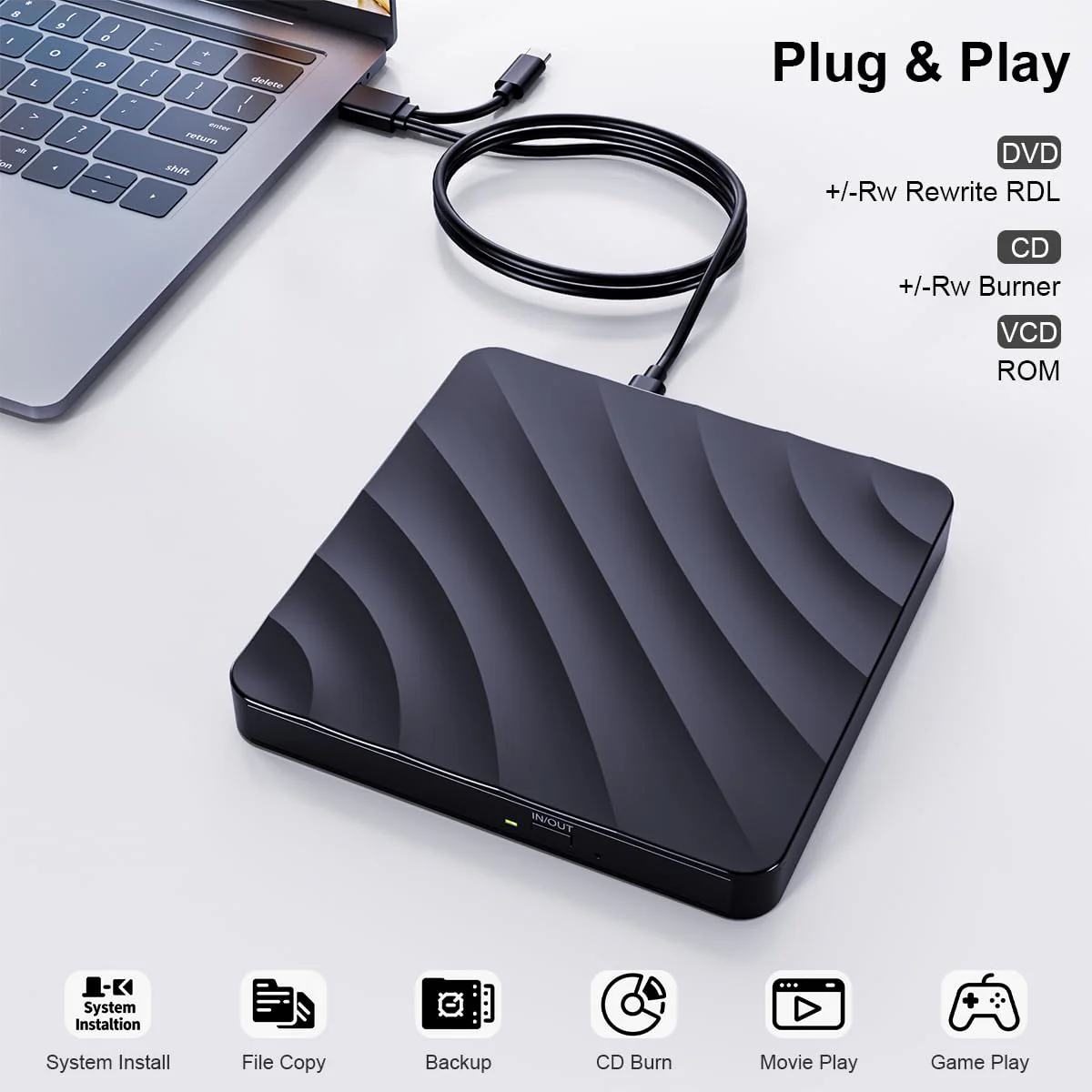 QDSYLQ External CD DVD Drive for PC - USB 3.0 CD Burner DVD Player for Laptop, External Optical Drives for PC/MacBook, Disc Reader for Windows 11/10/8/7/XP/Vista, Linux, Mac Glossyblack - Image 3
