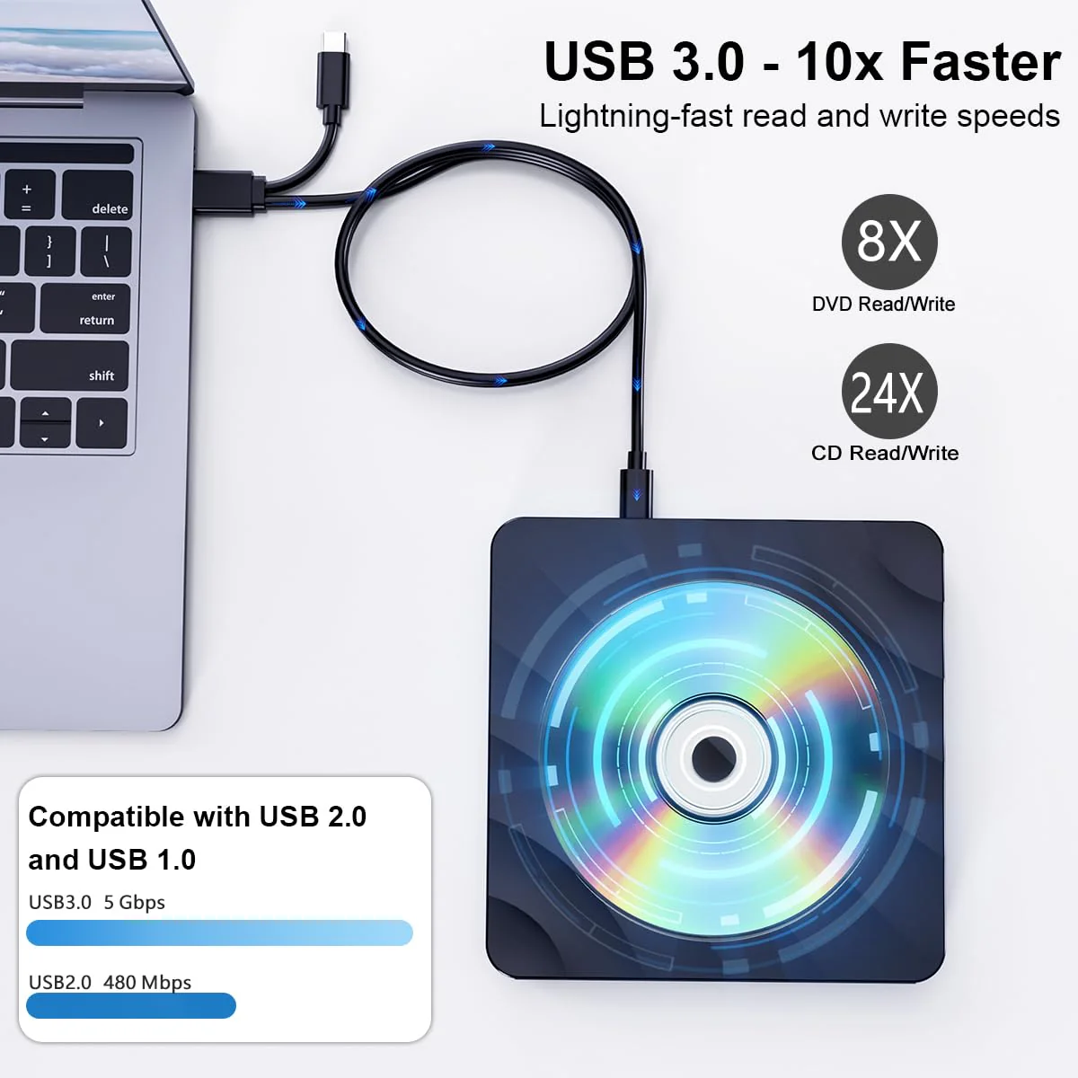 QDSYLQ External CD DVD Drive for PC - USB 3.0 CD Burner DVD Player for Laptop, External Optical Drives for PC/MacBook, Disc Reader for Windows 11/10/8/7/XP/Vista, Linux, Mac Glossyblack - Image 4
