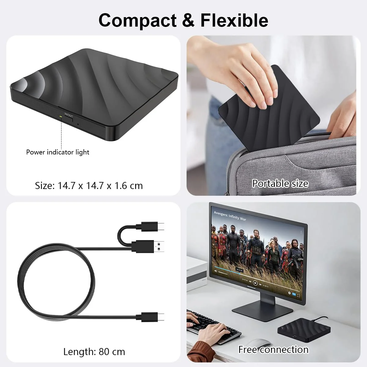 QDSYLQ External CD DVD Drive for PC - USB 3.0 CD Burner DVD Player for Laptop, External Optical Drives for PC/MacBook, Disc Reader for Windows 11/10/8/7/XP/Vista, Linux, Mac Glossyblack - Image 6
