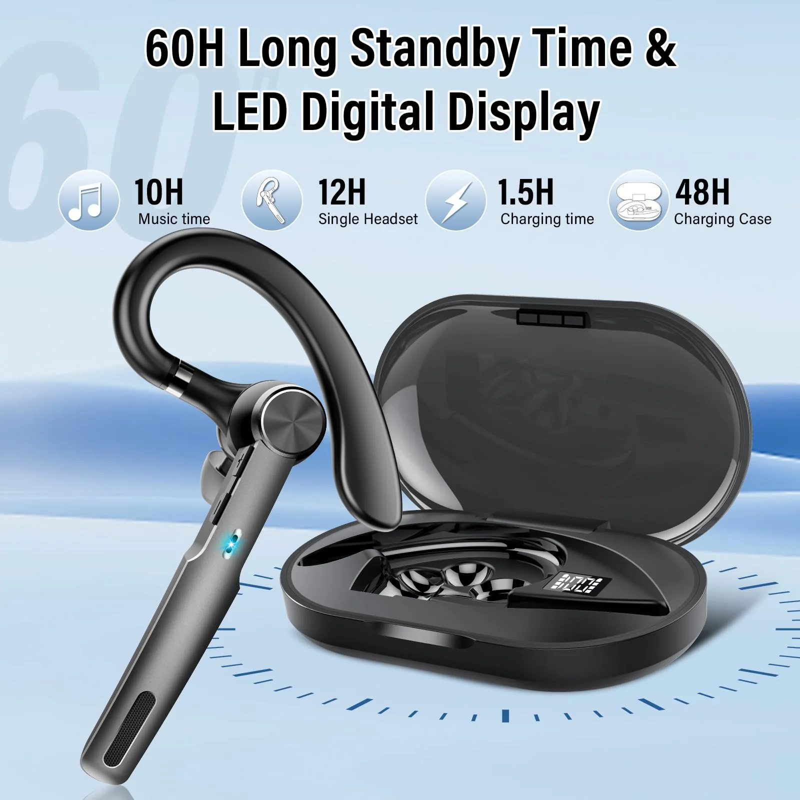 Qecnato Bluetooth Headset, Wireless Earpiece with ENC Microphone, Single-Ear Bluetooth Earpiece V5.3 with Earhook, 60H Talktime, IP7 Waterproof Hands Free Earphones for for Business/Office, Black - Image 3
