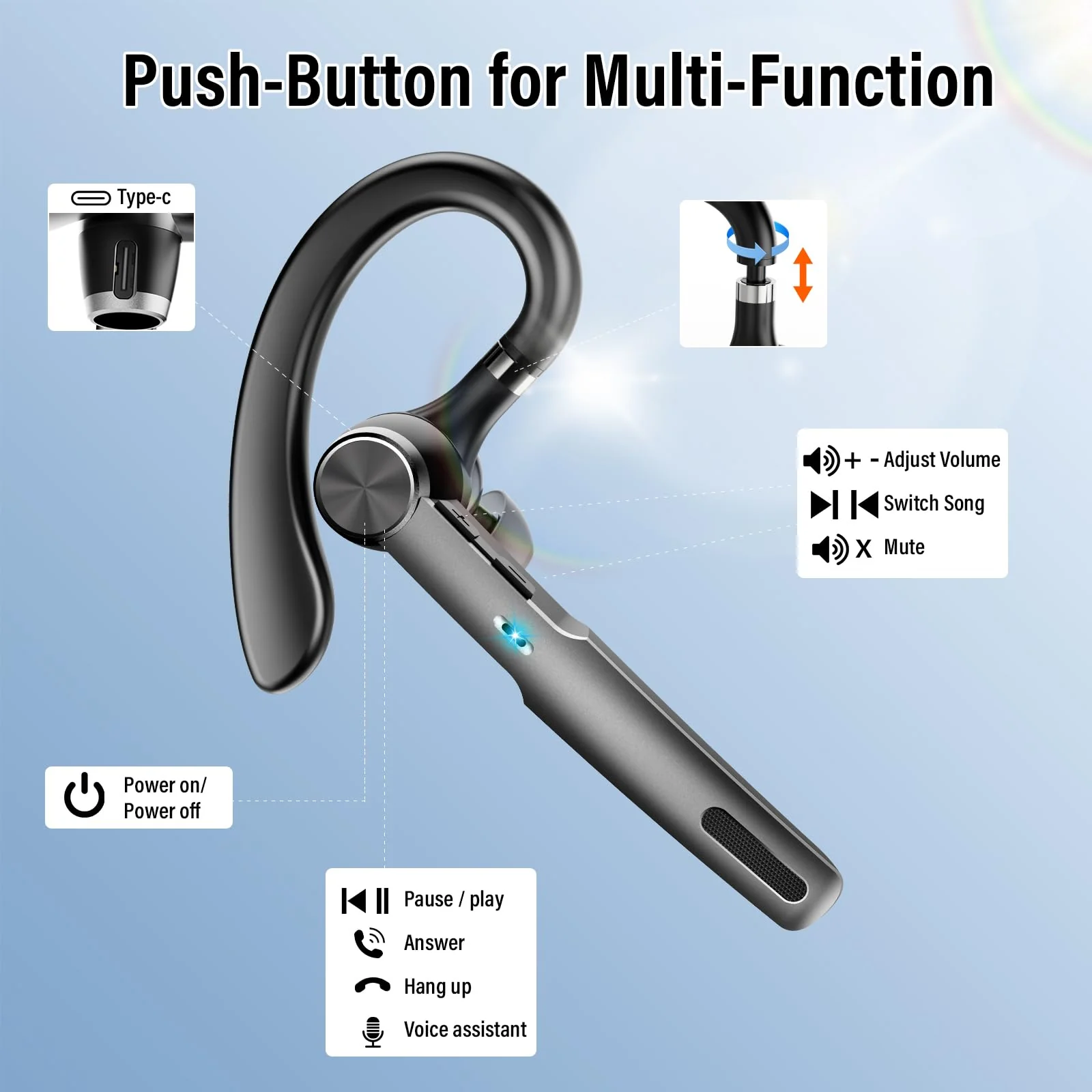 Qecnato Bluetooth Headset, Wireless Earpiece with ENC Microphone, Single-Ear Bluetooth Earpiece V5.3 with Earhook, 60H Talktime, IP7 Waterproof Hands Free Earphones for for Business/Office, Black - Image 5
