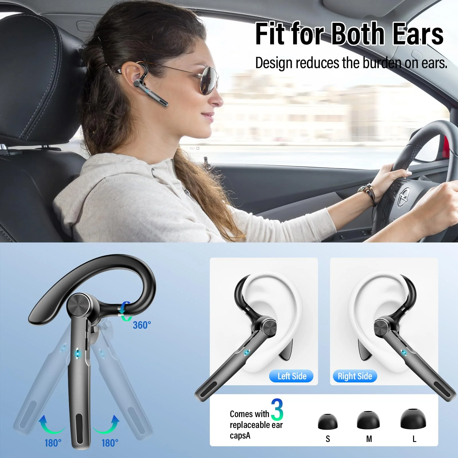 Qecnato Bluetooth Headset, Wireless Earpiece with ENC Microphone, Single-Ear Bluetooth Earpiece V5.3 with Earhook, 60H Talktime, IP7 Waterproof Hands Free Earphones for for Business/Office, Black - Image 6