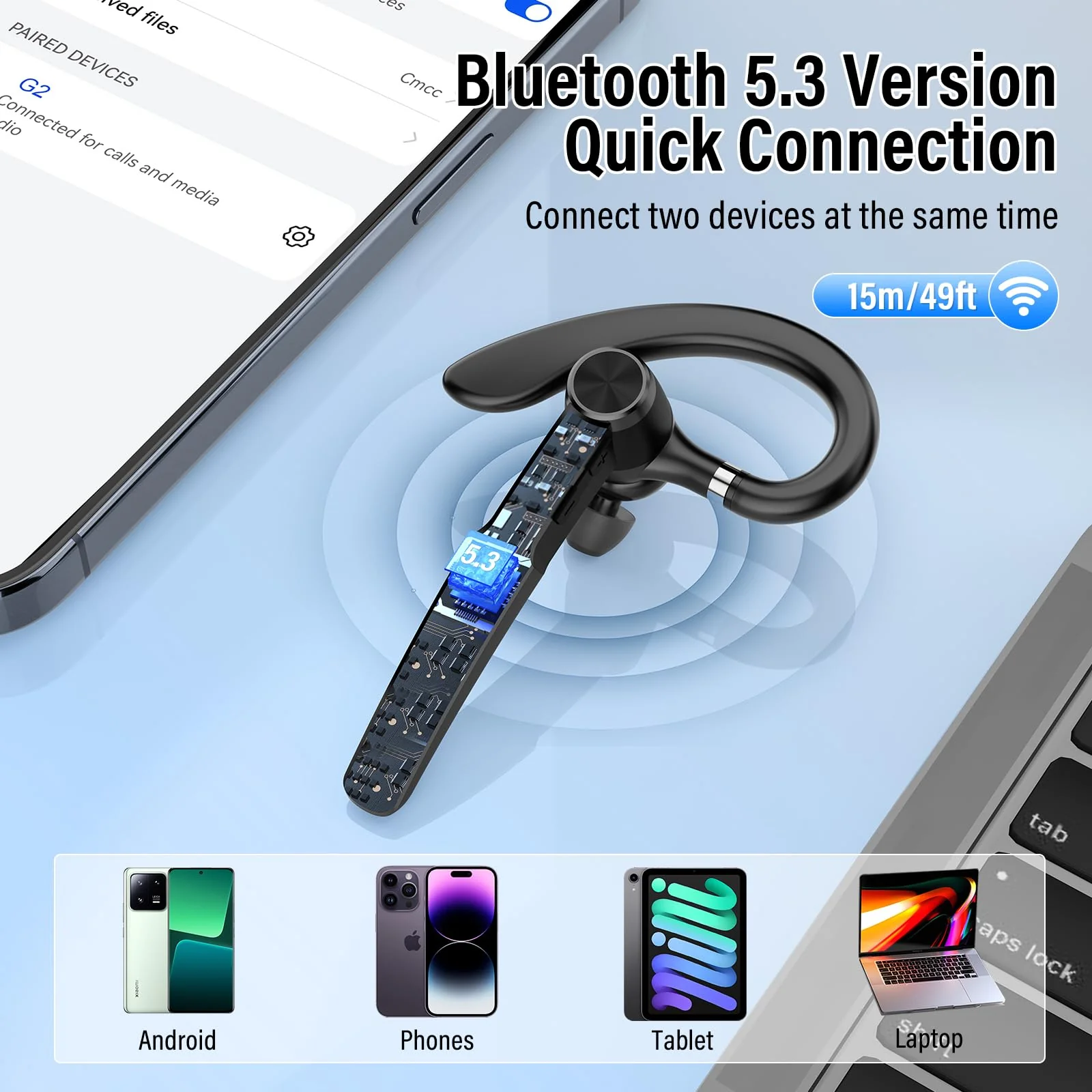 Qecnato Bluetooth Headset, Wireless Earpiece with ENC Microphone, Single-Ear Bluetooth Earpiece V5.3 with Earhook, 60H Talktime, IP7 Waterproof Hands Free Earphones for for Business/Office, Black - Image 7
