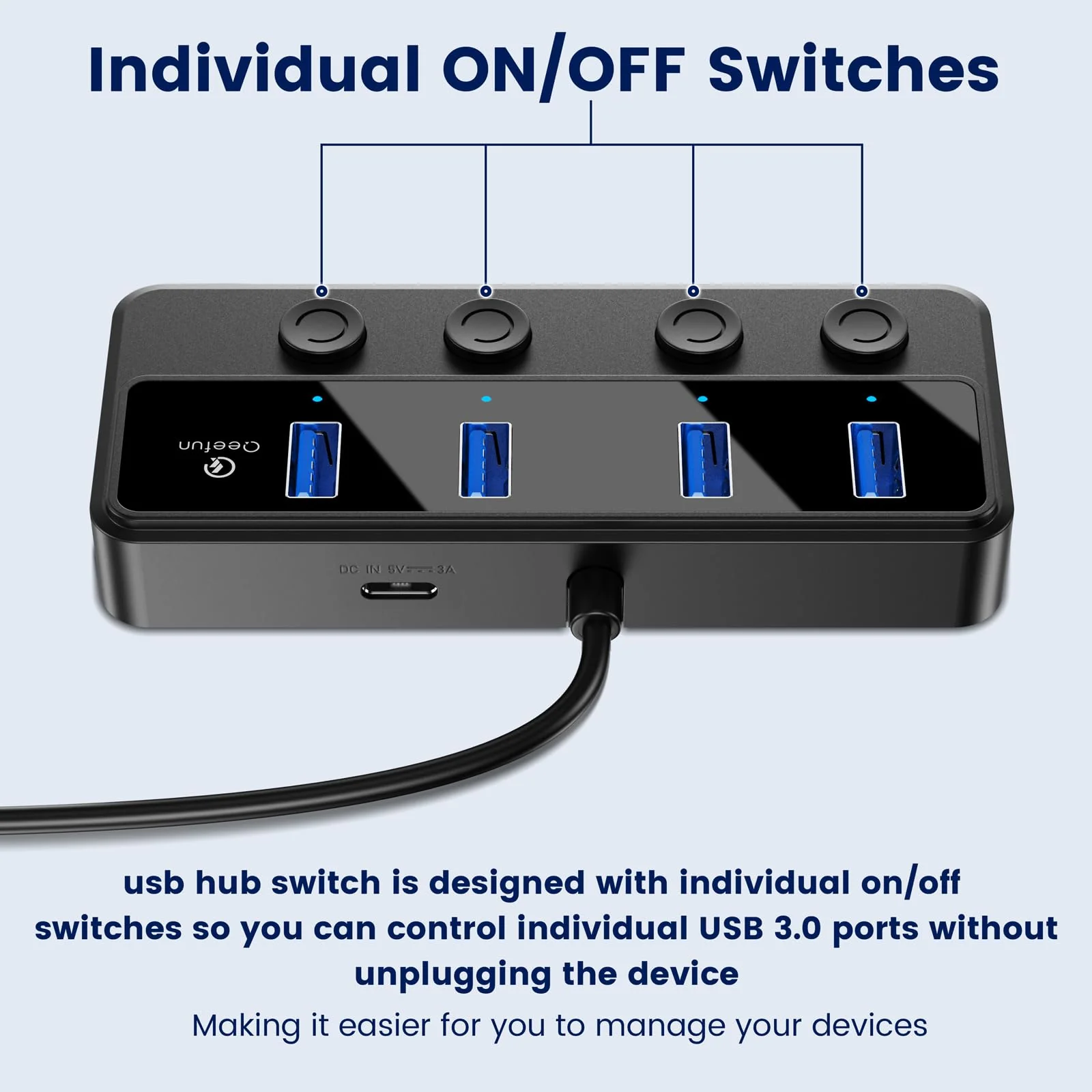 Qeefun 4-Port USB Hub 3.0, Individual LED Power Switches, 2ft USB Extension, 5V/3A USB Extender for Laptop, PC, USB Flash Drives, and More USB 3.0 A-4A 2ft - Image 3