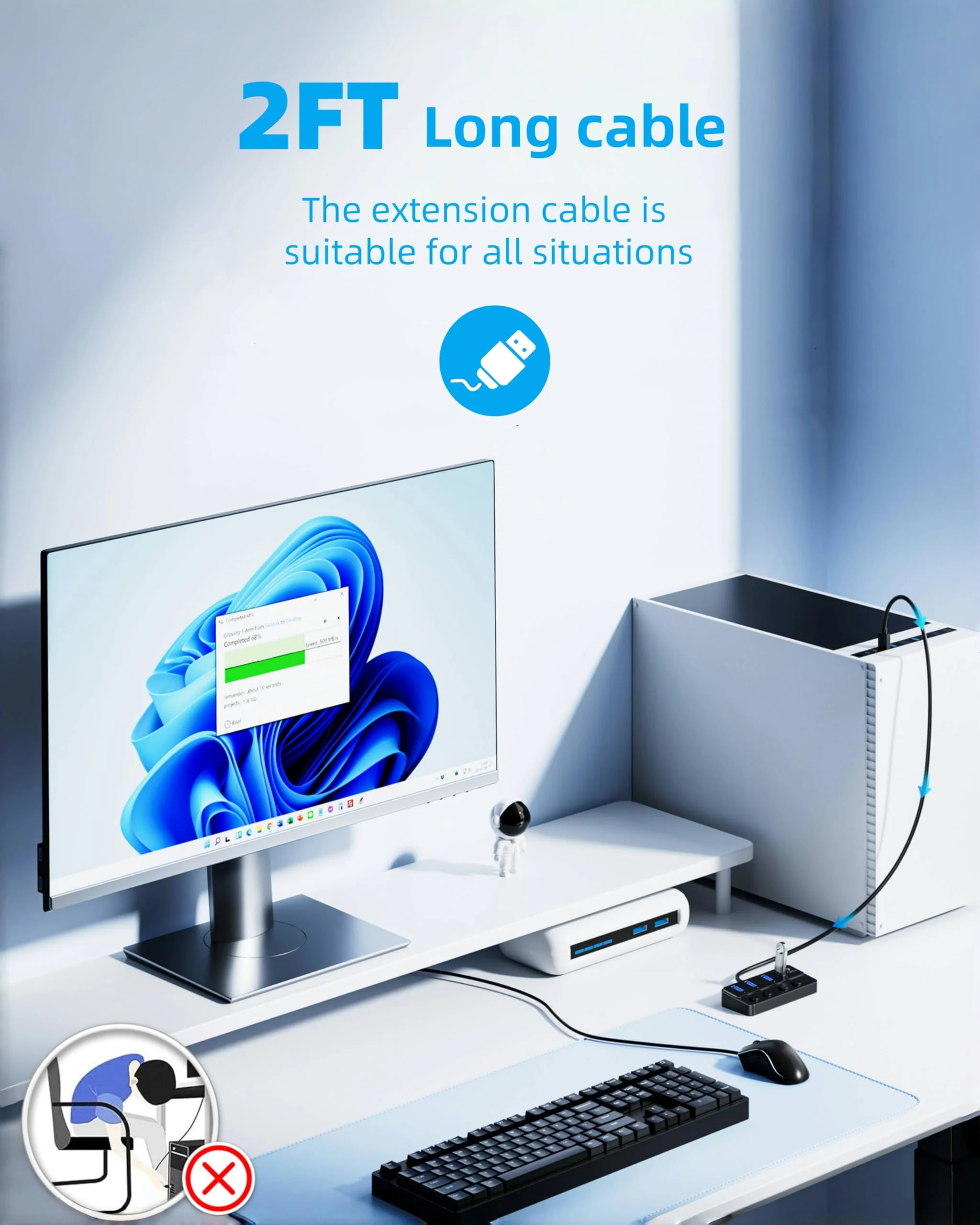 Qeefun 4-Port USB Hub 3.0, Individual LED Power Switches, 2ft USB Extension, 5V/3A USB Extender for Laptop, PC, USB Flash Drives, and More USB 3.0 A-4A 2ft - Image 4
