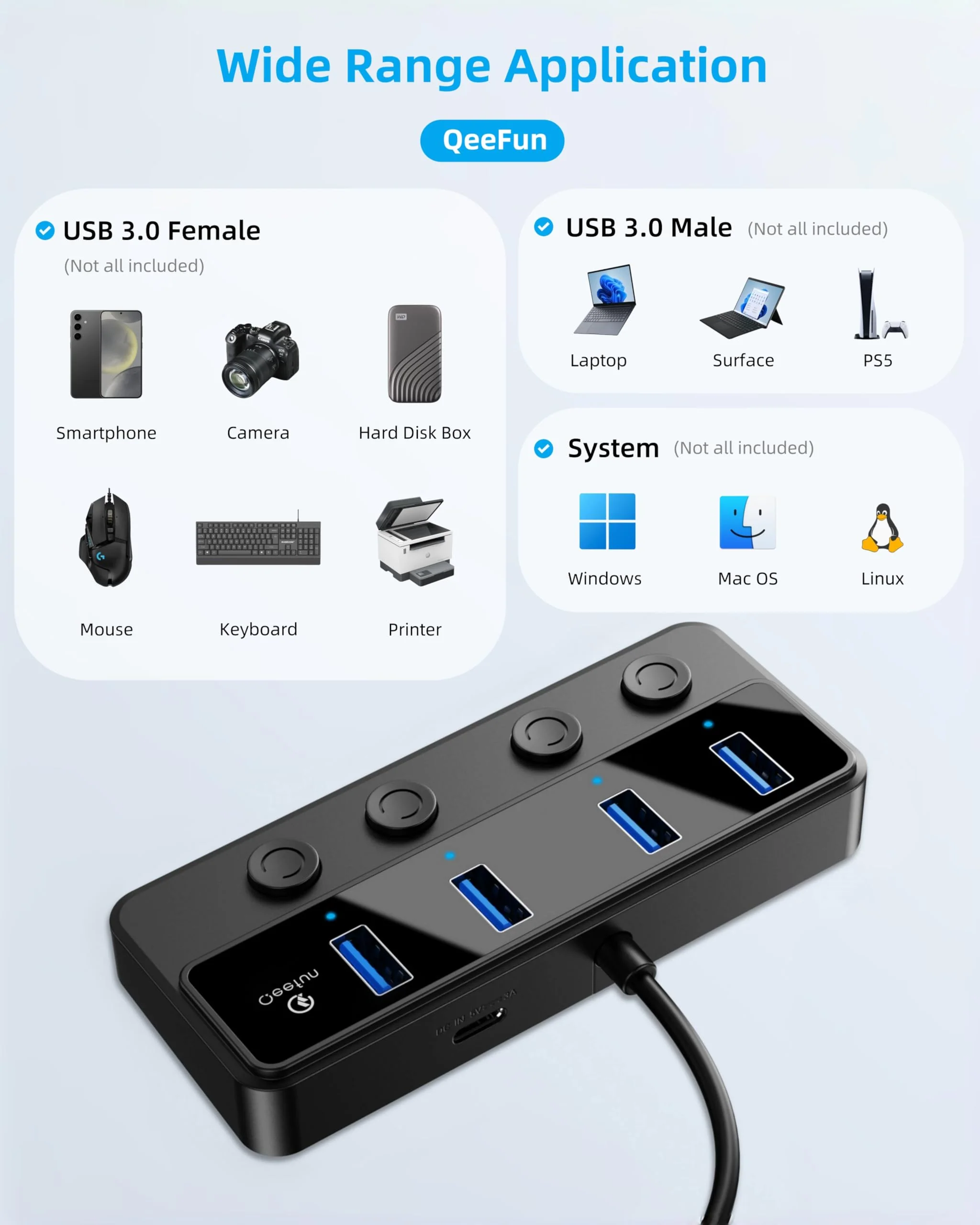 Qeefun 4-Port USB Hub 3.0, Individual LED Power Switches, 2ft USB Extension, 5V/3A USB Extender for Laptop, PC, USB Flash Drives, and More USB 3.0 A-4A 2ft - Image 7