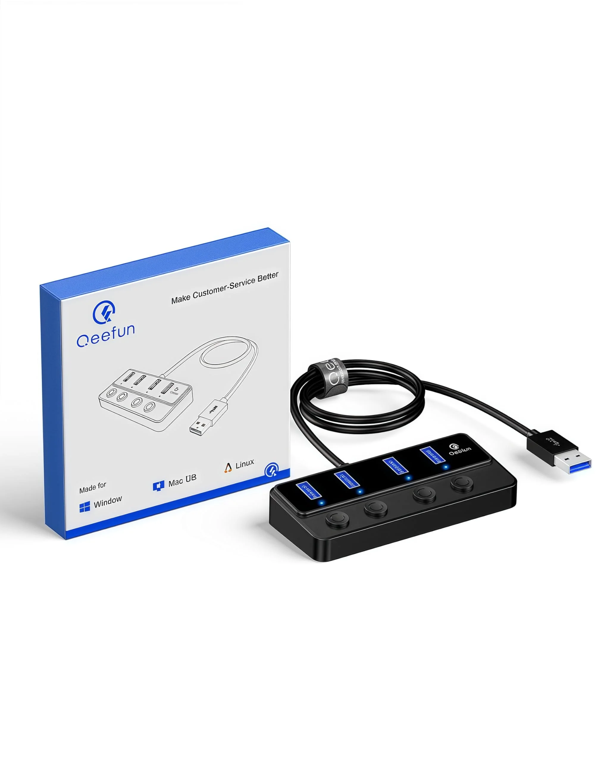 Qeefun 4-Port USB Hub 3.0, Individual LED Power Switches, 2ft USB Extension, 5V/3A USB Extender for Laptop, PC, USB Flash Drives, and More USB 3.0 A-4A 2ft - Image 9