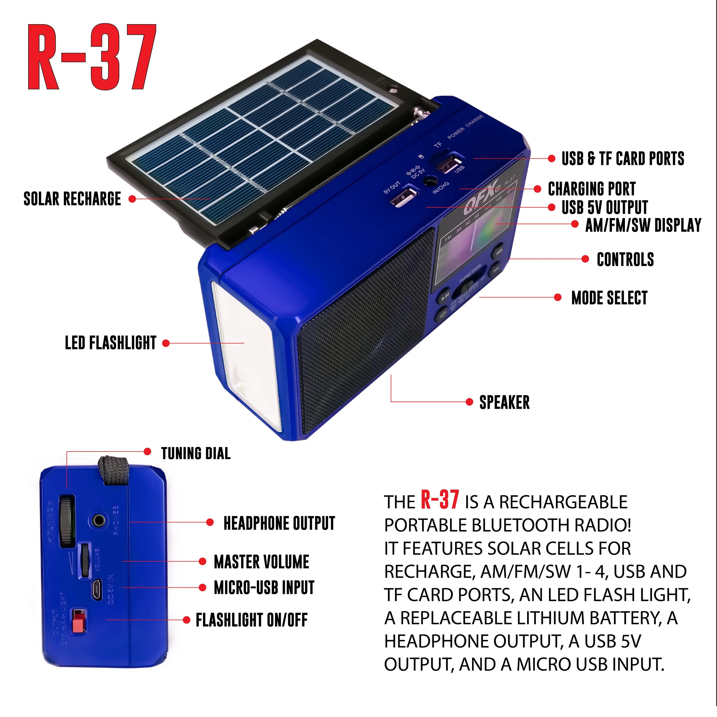QFX R-37-BL 6-Band (AM, FM, SW1 - SW4) Bluetooth LED Flashlight Solar Radio (2021 Model) - Image 6