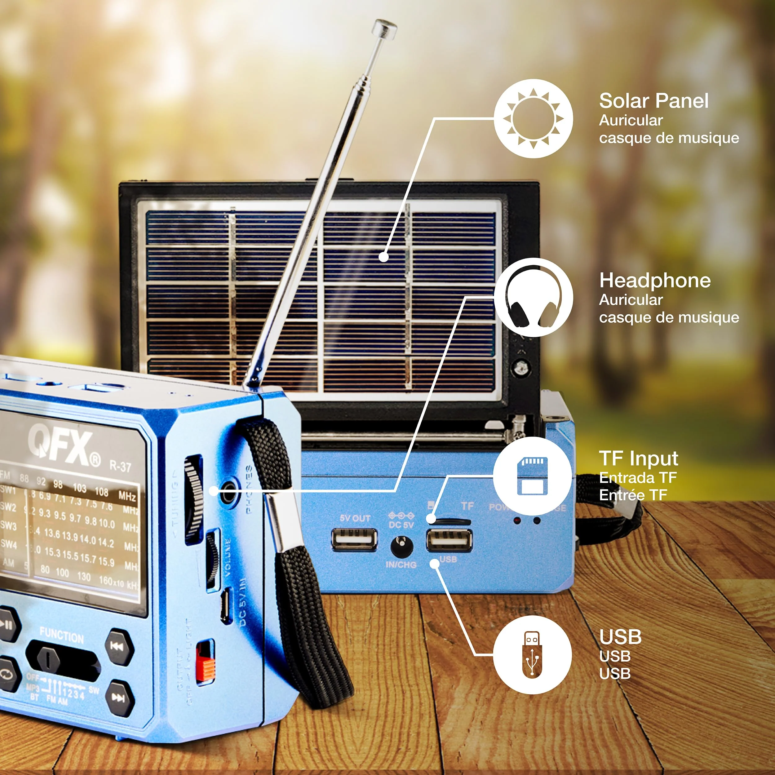 QFX R-37-BL 6-Band (AM, FM, SW1 - SW4) Bluetooth LED Flashlight Solar Radio (2021 Model) - Image 7