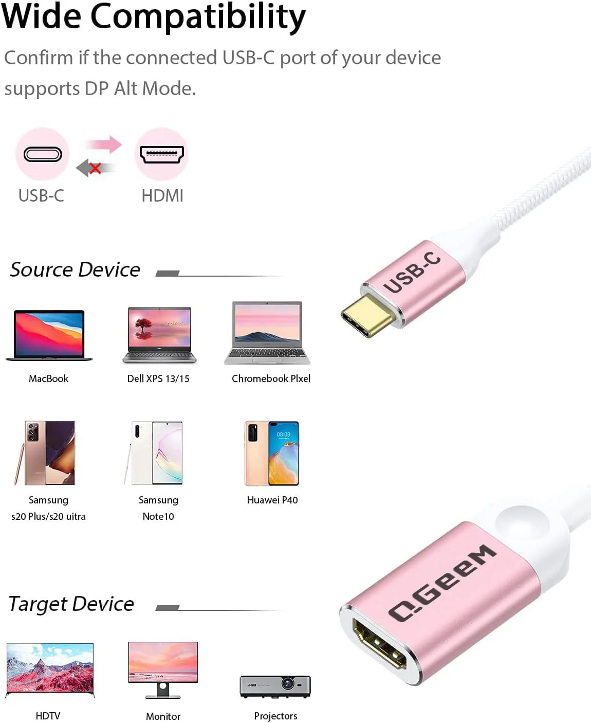 QGeeM USB C to HDMI Adapter 4K Cable, USB Type-C to HDMI Adapter [Thunderbolt 3/4] for Laptop MacBook Pro/Air, iPhone15 Pro max, Dell XPS, HP.Pixelbook, Thinkpad,Surface,etc.-Pink-2Packs Pink-2 PCS - Image 2