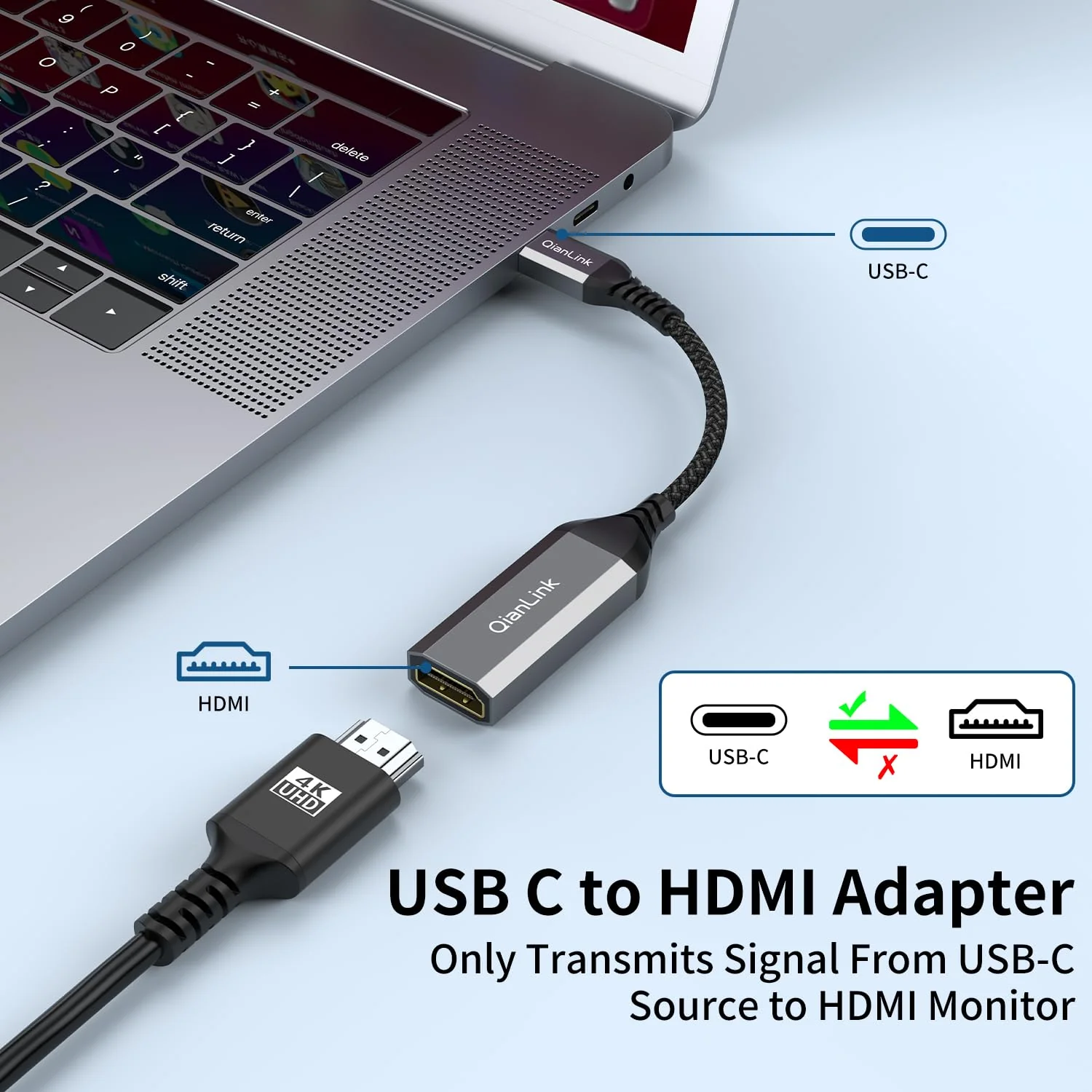 QianLink USB Type C to HDMI Adapter, USB C to HDMI 4K Cable [Thunderbolt 3/4] for MacBook Pro/Air 2023, iPhone 15 Pro Max, Dell XPS, Pixelbook, Surface, IPad Pro, iMac, XPS 17, Galaxy S23 and More - Image 3