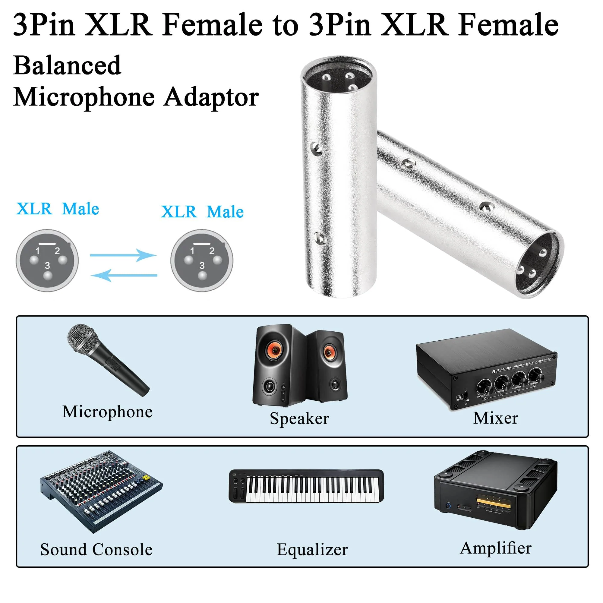 QIANRENON 3Pin XLR Male to XLR Male Microphone Connector Extender XLR Plug to Plug Balanced Audio Adapter XLR Docking Extension Coupler, for Extend XLR Amplifier Mixer Stage Speaker, 2Pcs - Image 6
