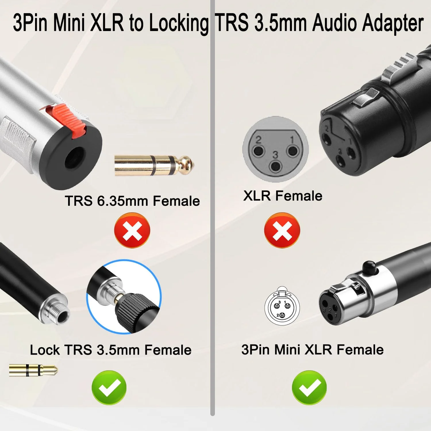 QIANRENON Mini XLR to TRS 3.5mm Wireless Microphone Connector 3Pin Mini XLR Female to Locking TRS 3.5mm Female Headphone Stereo Adapter Mini XLR to Locked 1/8 Balanced Audio Socket, for Lavalier Mic F-F - Image 3