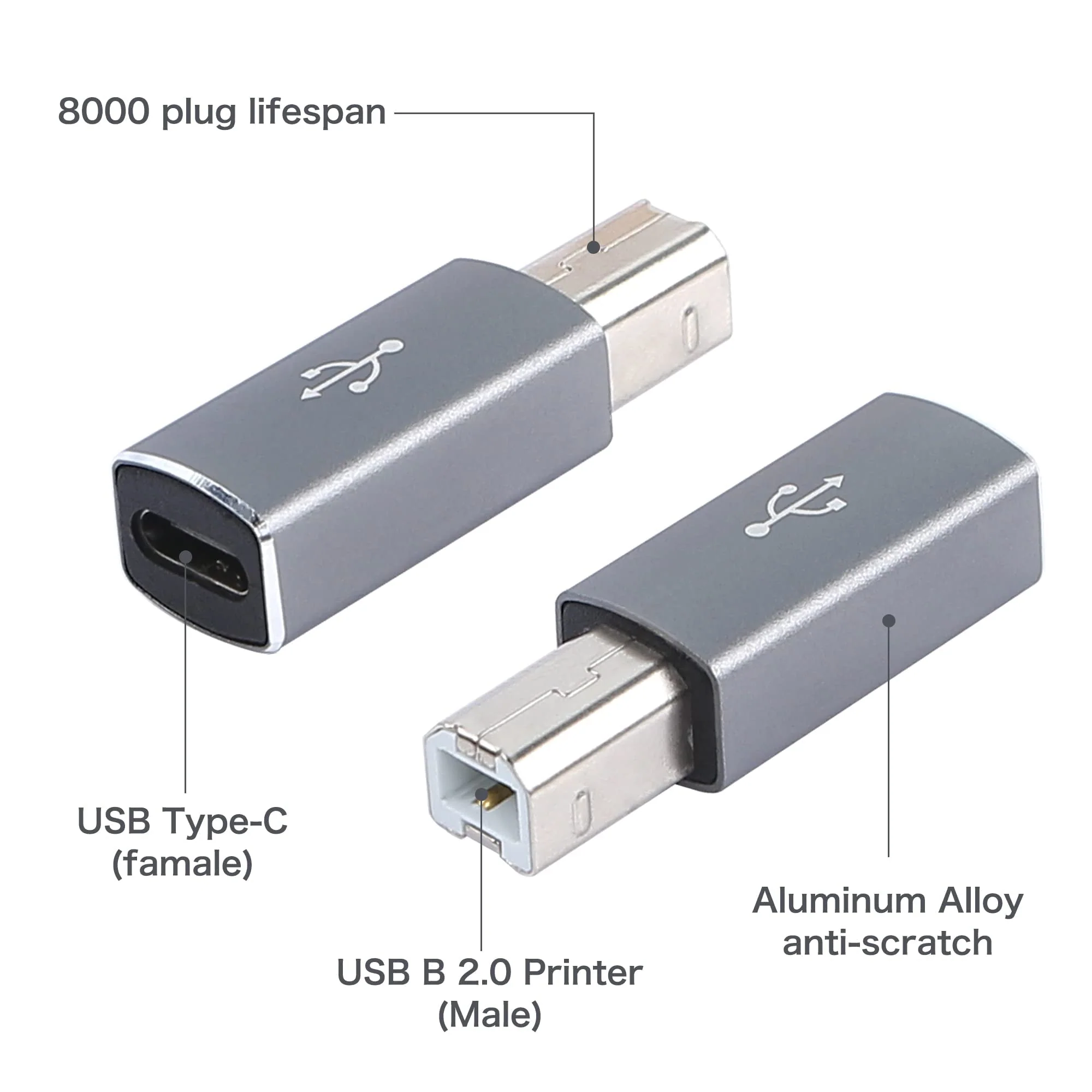 QIANRENON USB C to B Print Converter Type C to MIDI Digital Interface Adapter, Connect Keyboard to Mobile Phone via OTG, for Printer, Electric Piano, Silver Gray, 2 pcs - Image 2