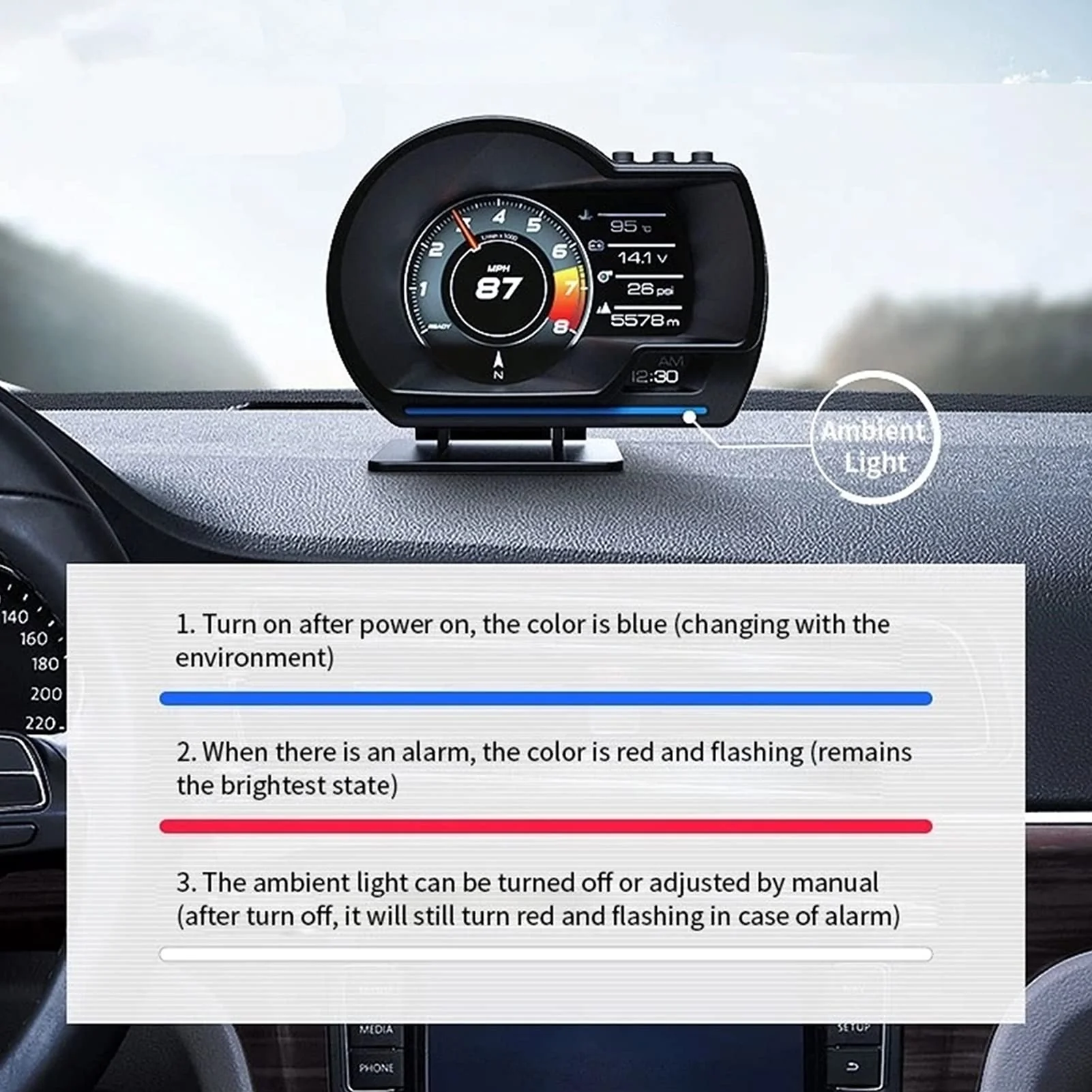 , Qiilu Car OBD2+GPS Smart Gauge Car HUD Speedometer Turbo RPM Alarm for Car Truck - Image 5