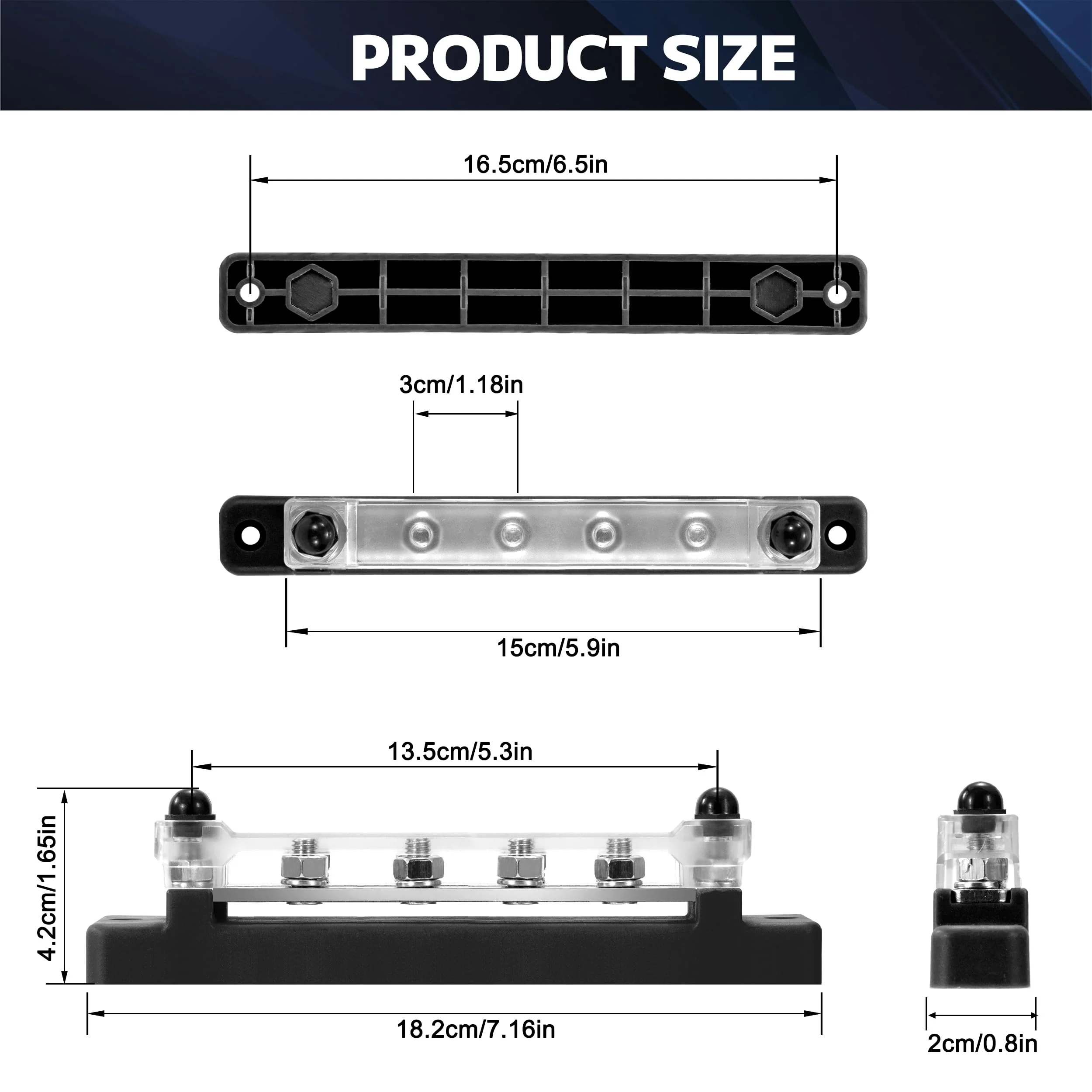 QIMEI-SHOP Busbar 12V-48V DC Busbars Distribution Block Power Distribution Block 150A Busbar with 6 x M6 Connection Bolts for Car RV Boat Black M6 Schwarz - Image 7