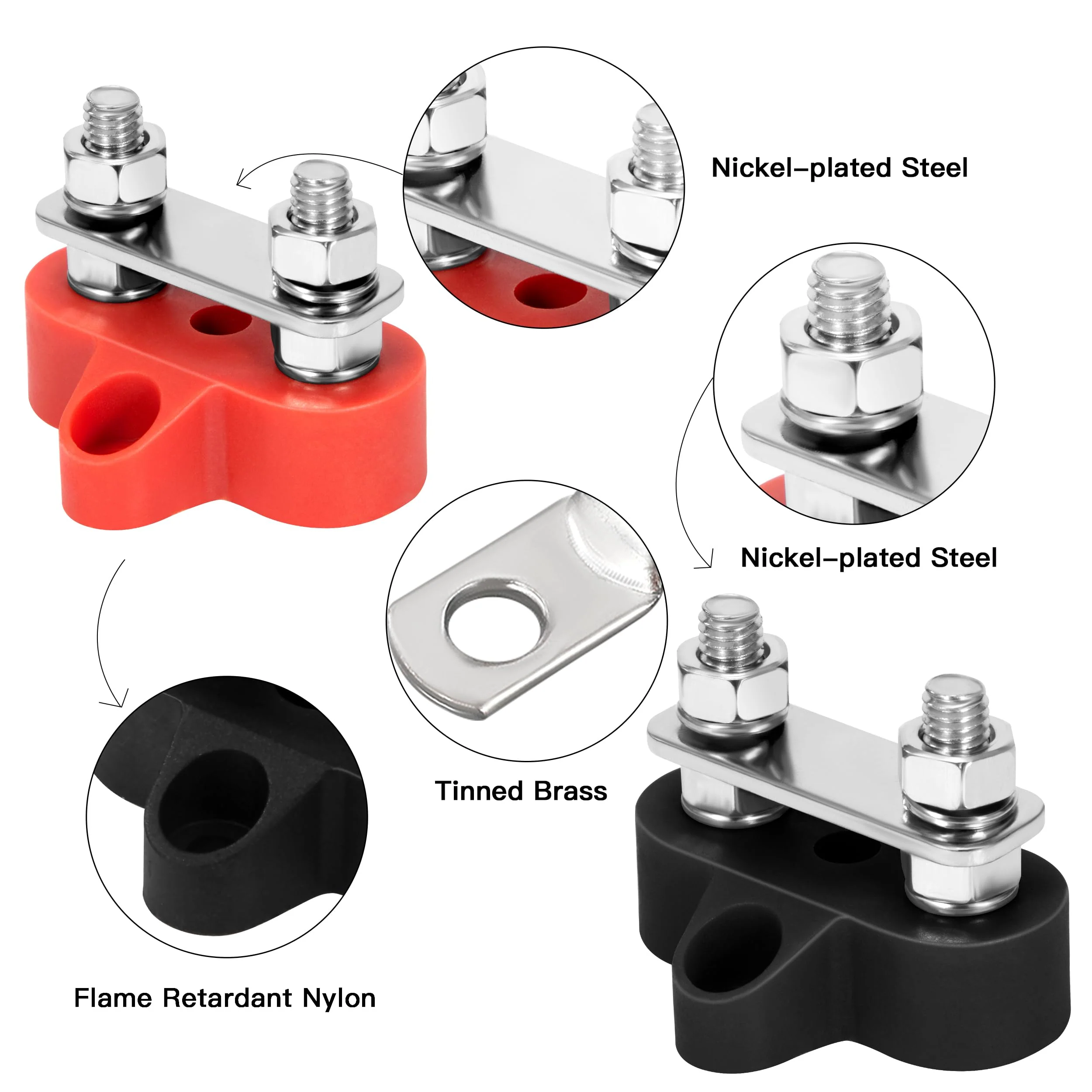 QIMEI-SHOP Dual Connection Bolts M6 Battery Terminal Blocks 12V-48V Battery Power Distribution Clamp Block Busbar for Car Truck RV Boat Black and Red Pack of 2 Dual M6 - Image 2