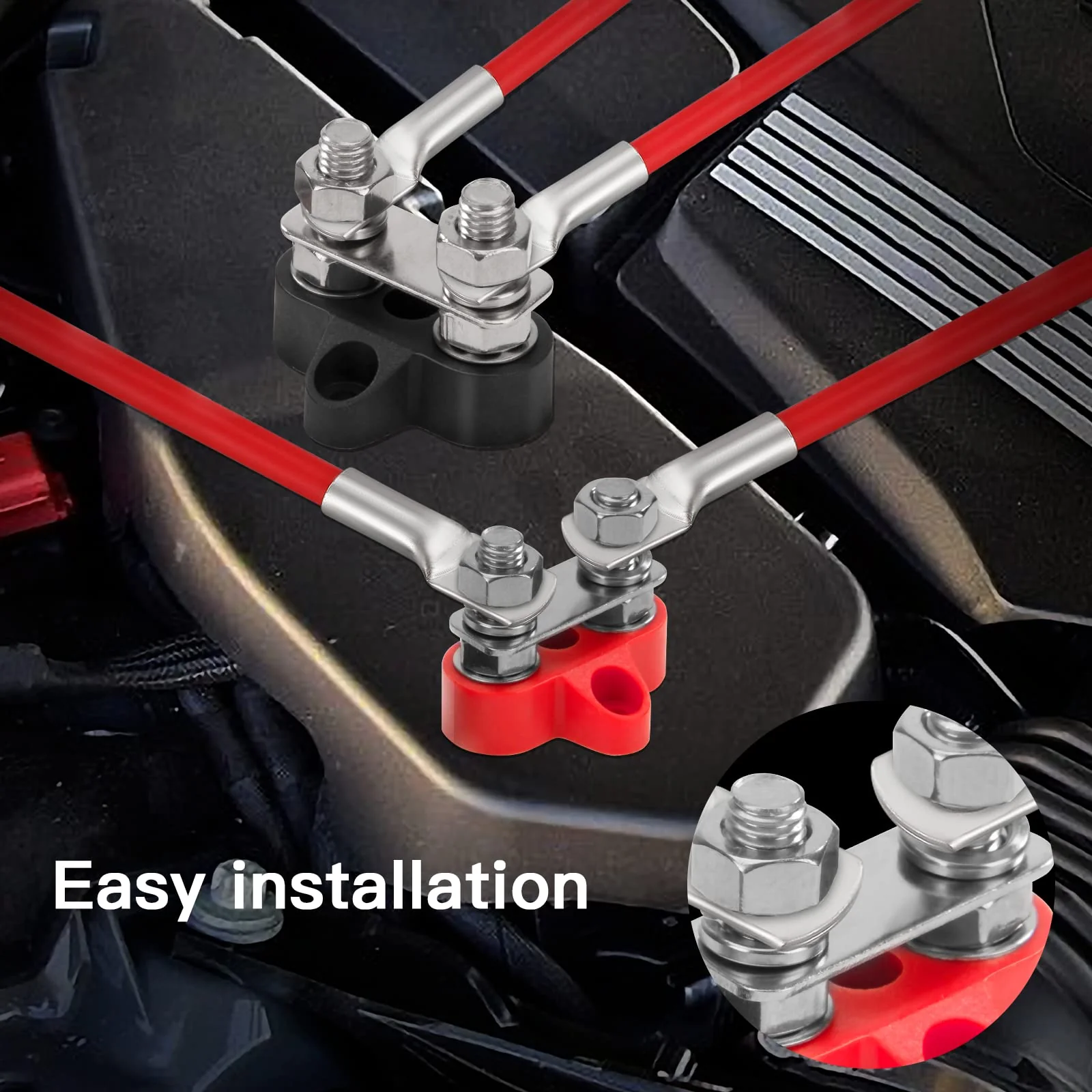 QIMEI-SHOP Dual Connection Bolts M6 Battery Terminal Blocks 12V-48V Battery Power Distribution Clamp Block Busbar for Car Truck RV Boat Black and Red Pack of 2 Dual M6 - Image 5