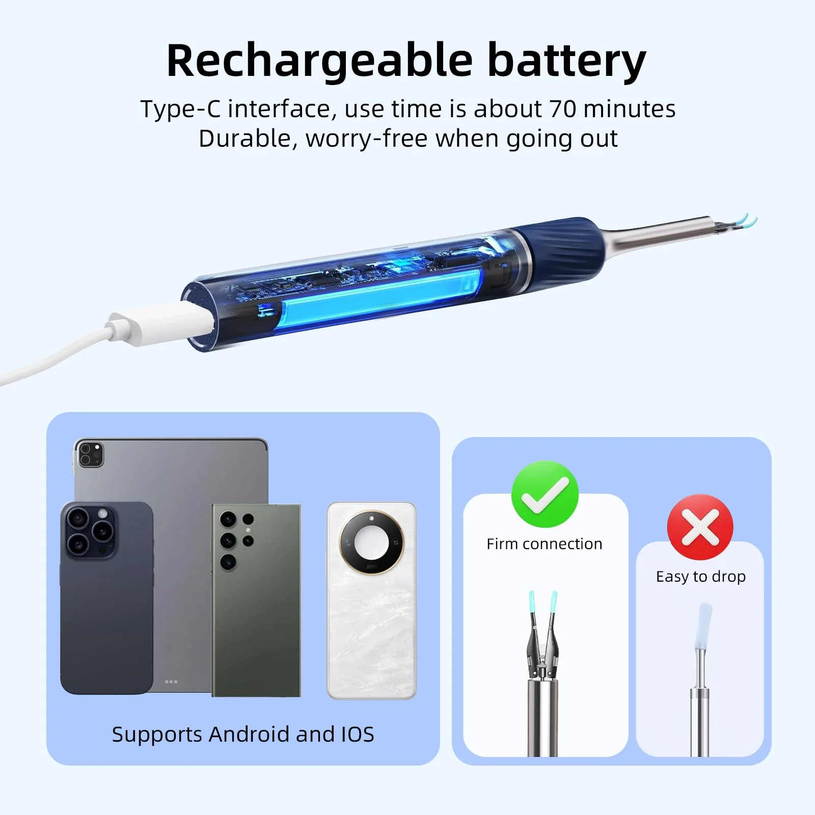 Qimic Ear Wax Remover Otoscope, 1080P HD WiFi Ear Cleaner, Ear Camera with Tweezers & 4 LEDs, Otoscope for iOS & Android, IP67 Waterproof Ear Cleaner for Adults, Children and Pets S8 blue - Image 6