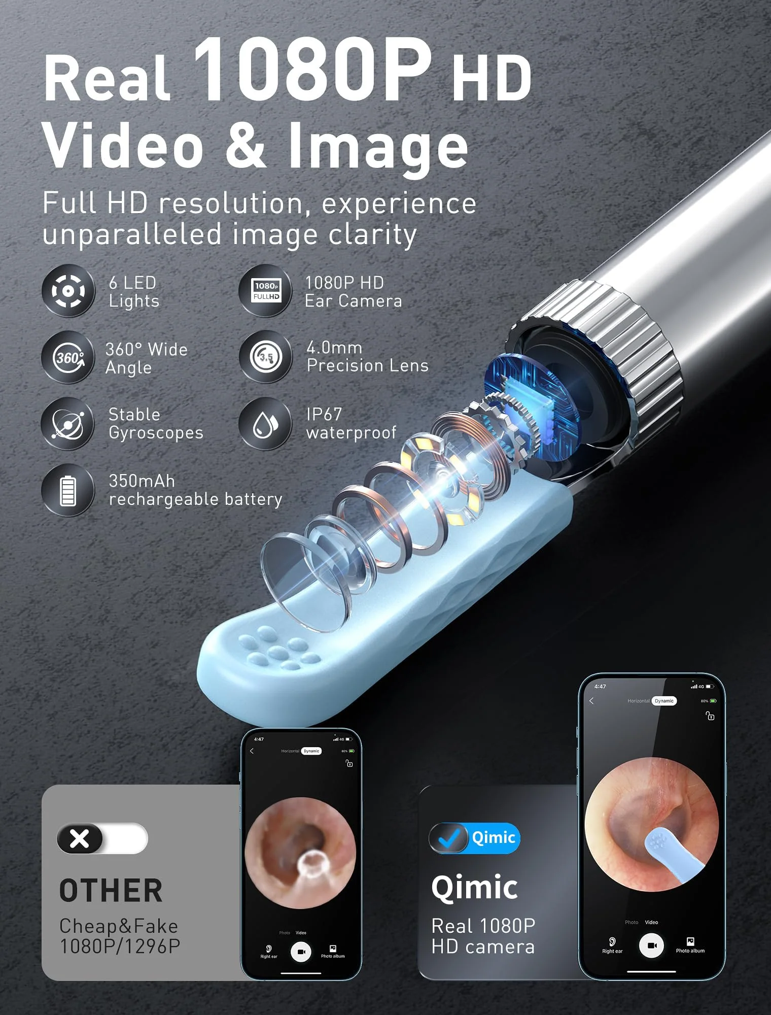 Qimic Ear Wax Remover Otoscope, WiFi Ear Cleaner with Camera, IP67 Waterproof Ear Camera, 360° Wide Angle Otoscope Camera with 6 LEDs for iPhone, Android Smartphones and iPad N5D 2-Black Grey - Image 3