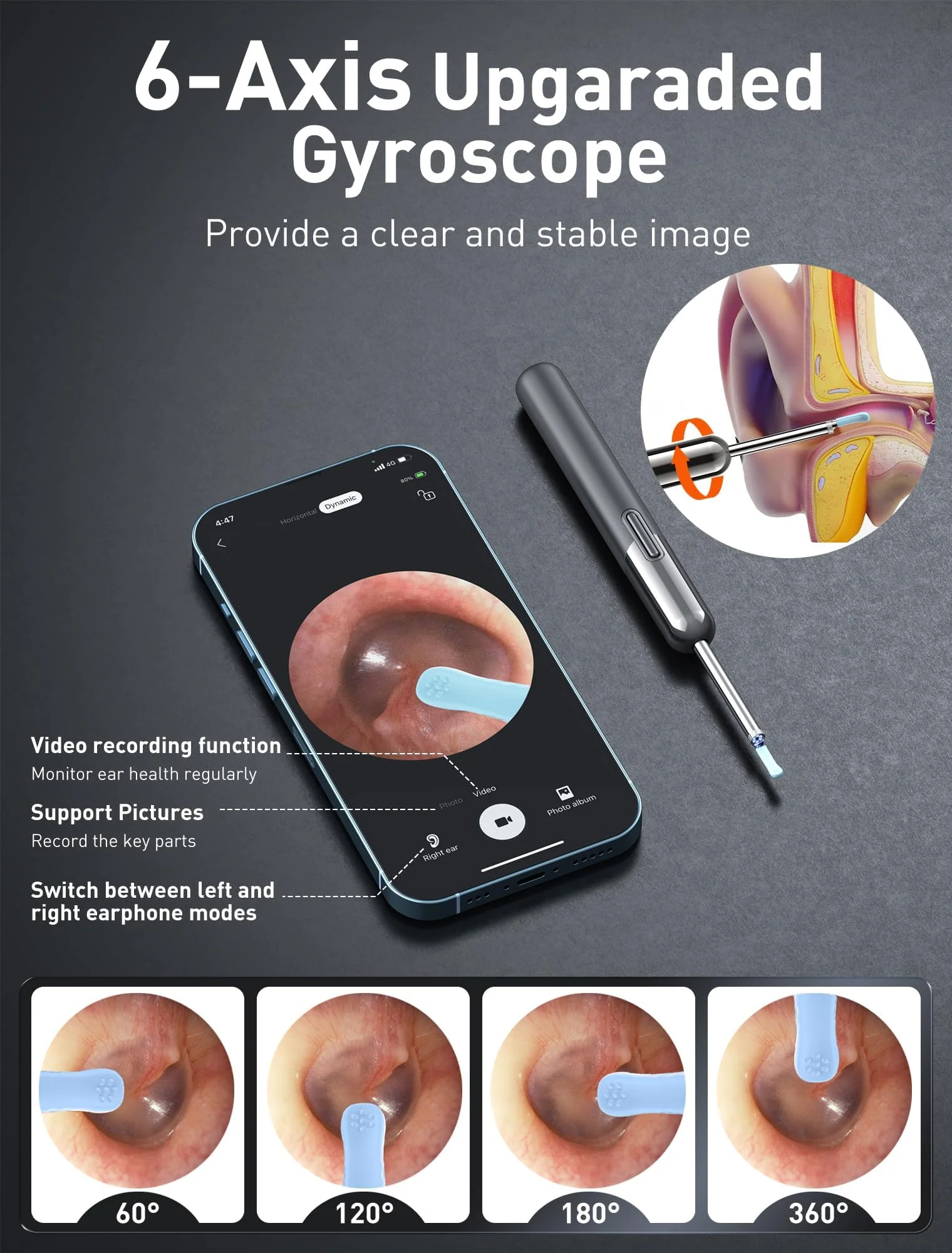 Qimic Ear Wax Remover Otoscope, WiFi Ear Cleaner with Camera, IP67 Waterproof Ear Camera, 360° Wide Angle Otoscope Camera with 6 LEDs for iPhone, Android Smartphones and iPad N5D 2-Black Grey - Image 5
