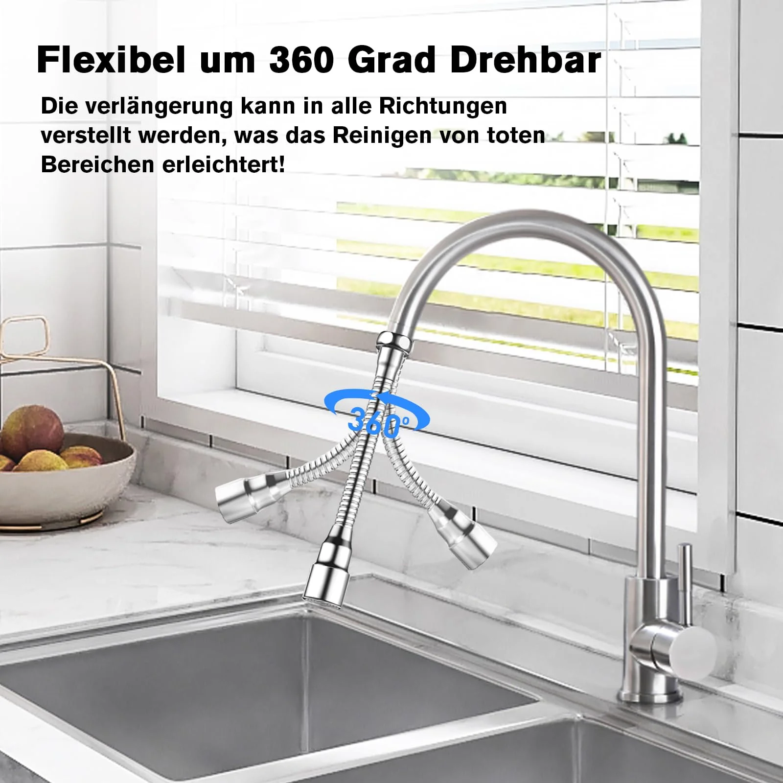 QINGHEC Pack of 2 Flexible Tap Extensions, 360° Rotating Tap Attachment Extension, Multifunctional Tap Extender, Stainless Steel for Kitchen and Bathroom, 20 cm - Image 2