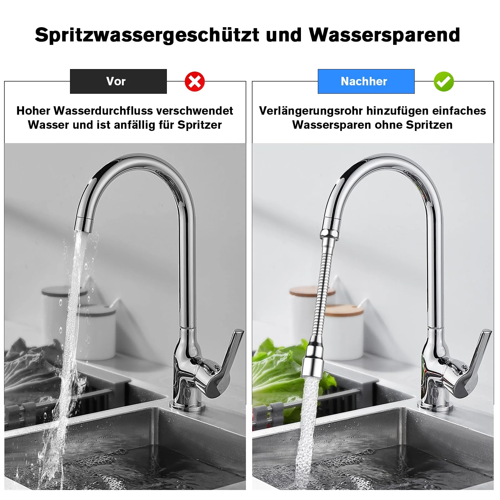 QINGHEC Pack of 2 Flexible Tap Extensions, 360° Rotating Tap Attachment Extension, Multifunctional Tap Extender, Stainless Steel for Kitchen and Bathroom, 20 cm - Image 6
