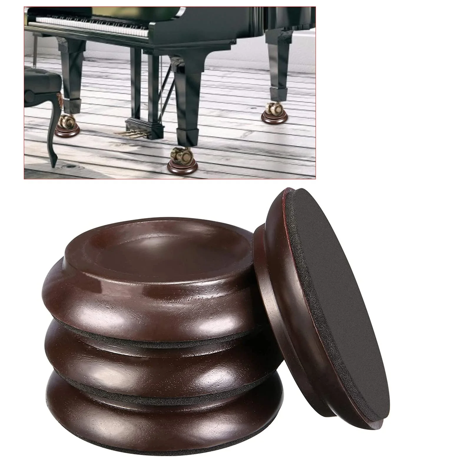 QJFCare 4Pcs Piano Caster Cups Grand Upright Piano Wheels Feet Floor Protectors, Solid Wood Casters Cups Wood Sliders Caster Pads with Non-Slip & Anti-Noise Foam Set of 4, Brown - Image 7