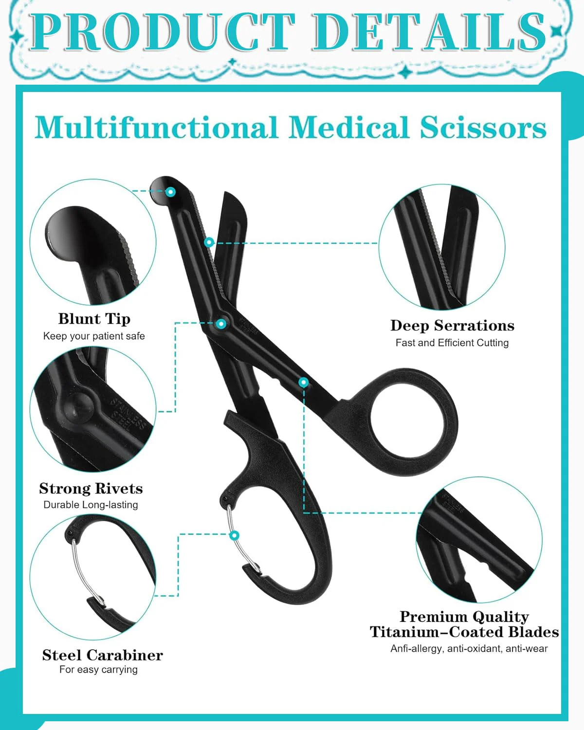 QLEUIFT Medical Bandage Scissors, Medical Scissors, EMT and Trauma Scissors, Stainless Steel Bandage Scissors, 15 cm, Bent Stealth for Nurses, Medical Students, Emergency Room, Black - Image 3