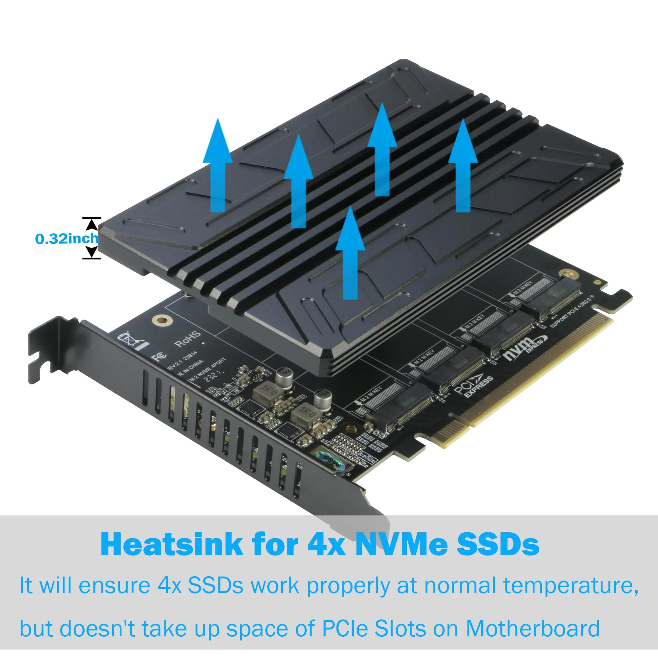 Quad NVMe PCIe Adapter, RIITOP 4-Port NVMe to PCI-e 4.0/3.0 x16 Expand Controller Card with Heatsink for 2280/2260/2242/2230 M.2 NVMe SSD (PCI-e Bifurcation Required) - Image 3