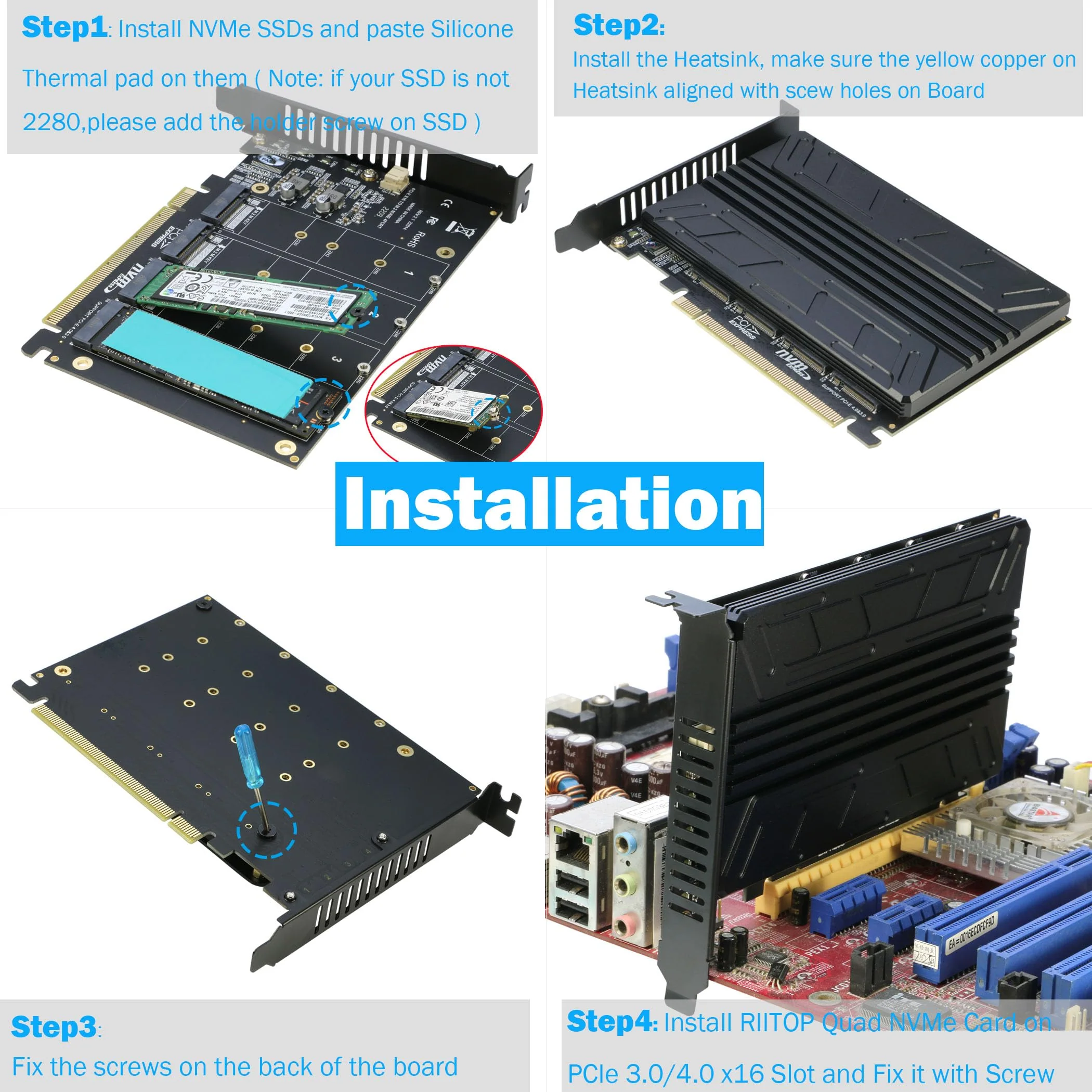 Quad NVMe PCIe Adapter, RIITOP 4-Port NVMe to PCI-e 4.0/3.0 x16 Expand Controller Card with Heatsink for 2280/2260/2242/2230 M.2 NVMe SSD (PCI-e Bifurcation Required) - Image 4