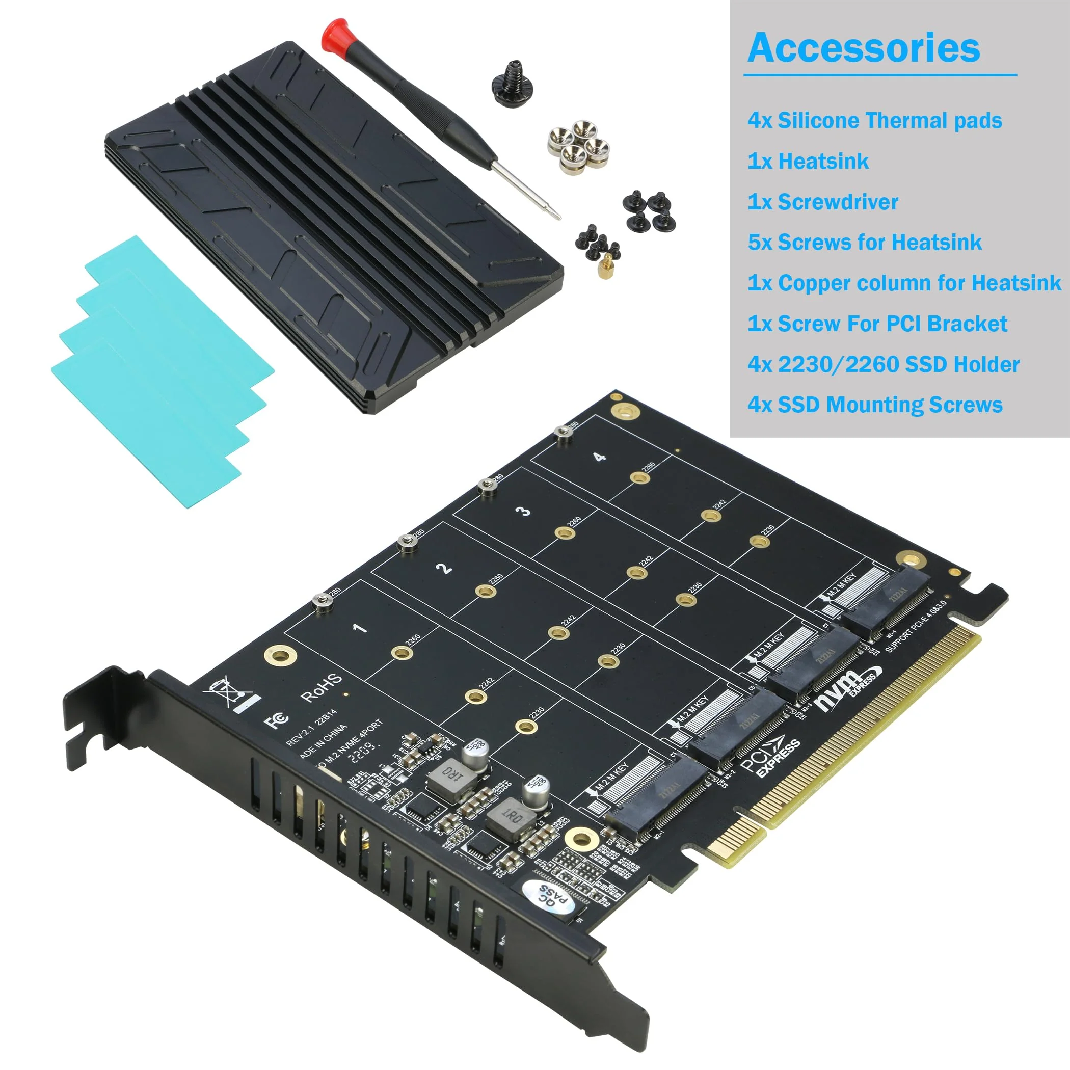 Quad NVMe PCIe Adapter, RIITOP 4-Port NVMe to PCI-e 4.0/3.0 x16 Expand Controller Card with Heatsink for 2280/2260/2242/2230 M.2 NVMe SSD (PCI-e Bifurcation Required) - Image 6