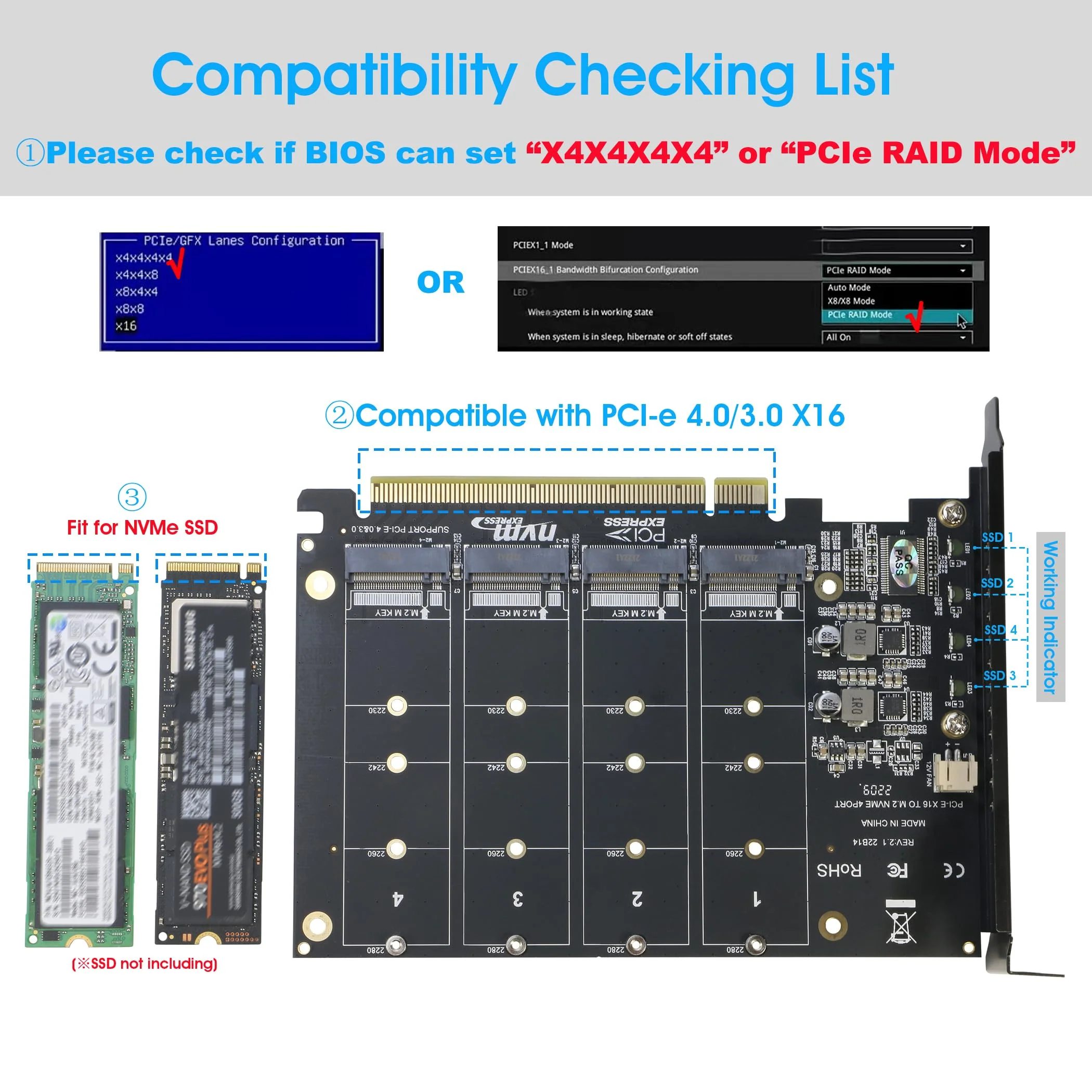 Quad NVMe PCIe Adapter, RIITOP 4 Ports M.2 NVMe SSD to PCI-e 4.0/3.0 x16 Card with Fan Support 2280/2260/2242/2230 NVMe SSD (PCI-e Bifurcation Required) 4-Port - Image 2