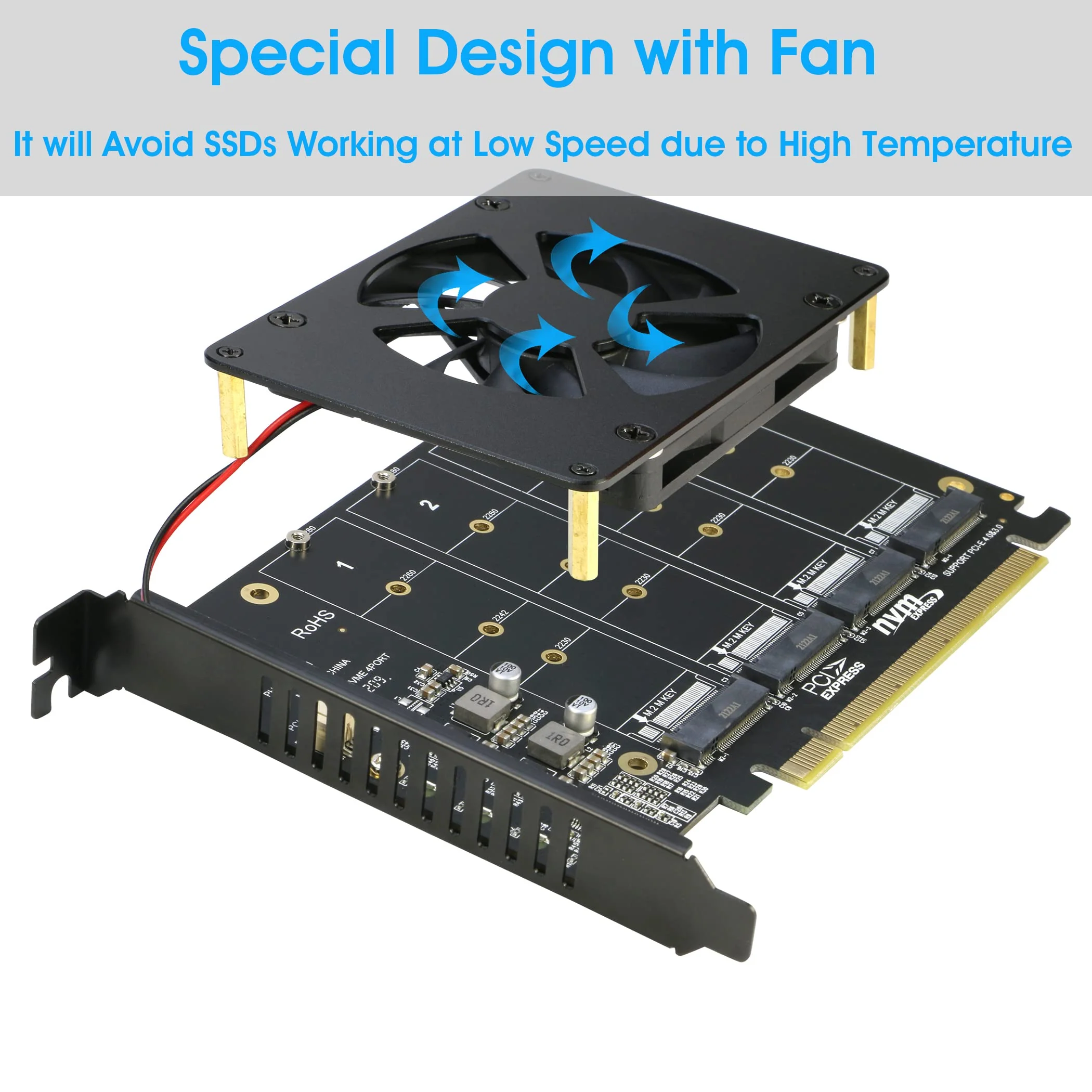 Quad NVMe PCIe Adapter, RIITOP 4 Ports M.2 NVMe SSD to PCI-e 4.0/3.0 x16 Card with Fan Support 2280/2260/2242/2230 NVMe SSD (PCI-e Bifurcation Required) 4-Port - Image 3