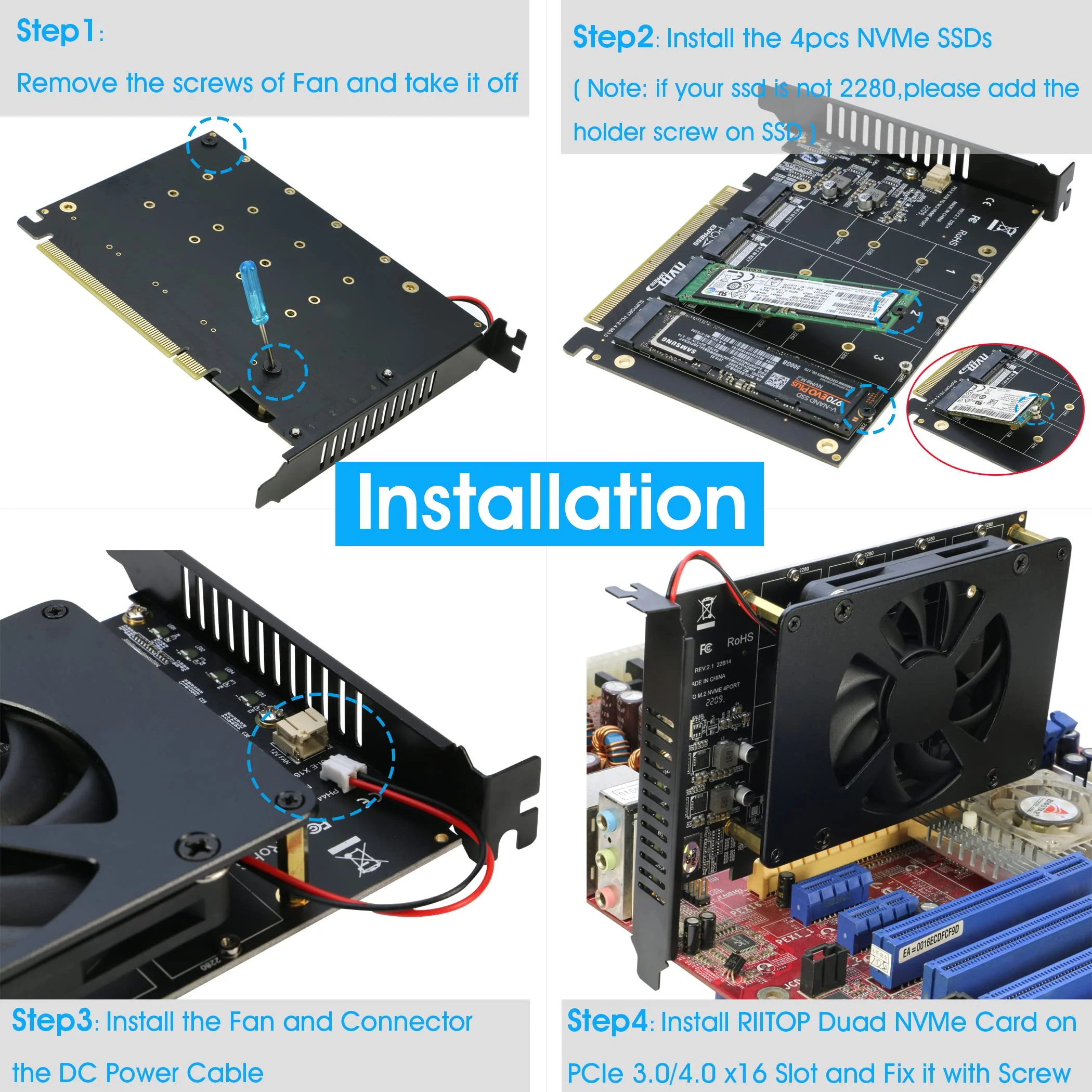 Quad NVMe PCIe Adapter, RIITOP 4 Ports M.2 NVMe SSD to PCI-e 4.0/3.0 x16 Card with Fan Support 2280/2260/2242/2230 NVMe SSD (PCI-e Bifurcation Required) 4-Port - Image 4