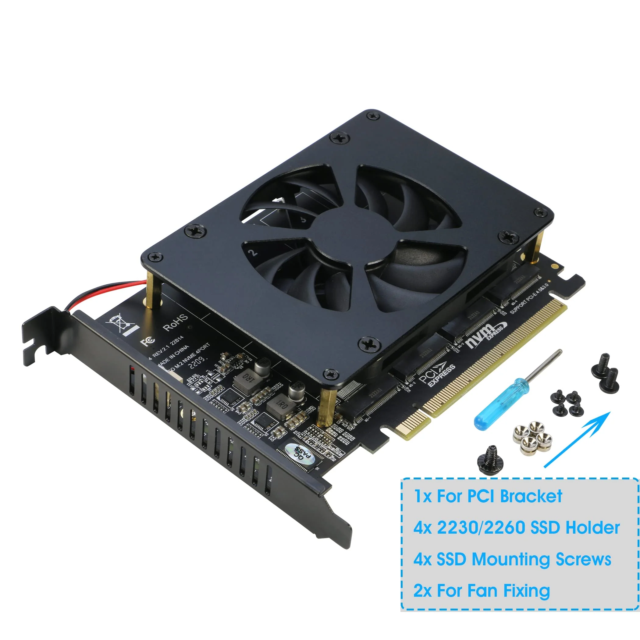 Quad NVMe PCIe Adapter, RIITOP 4 Ports M.2 NVMe SSD to PCI-e 4.0/3.0 x16 Card with Fan Support 2280/2260/2242/2230 NVMe SSD (PCI-e Bifurcation Required) 4-Port - Image 6