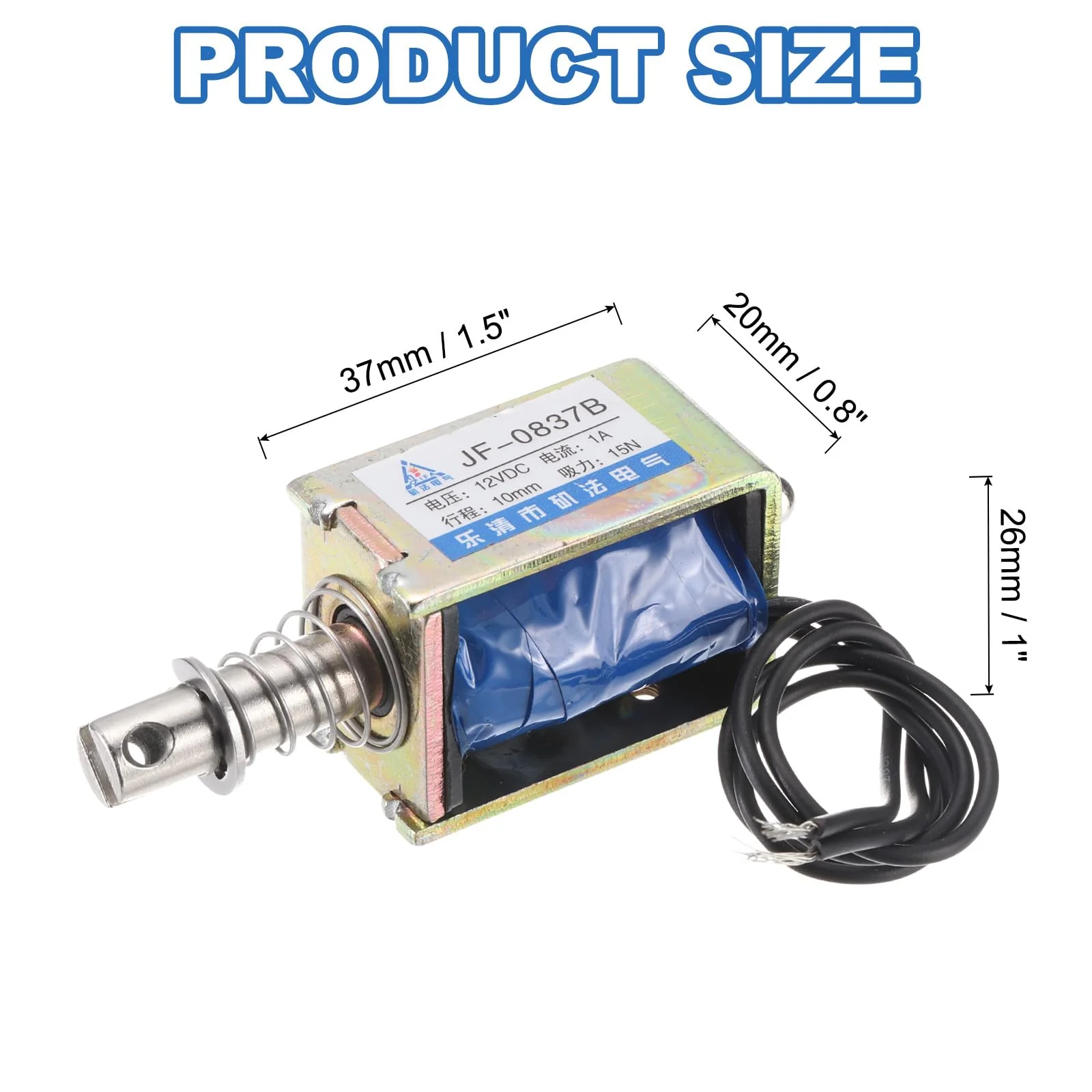 QUARKZMAN DC 12V 1A Solenoid Electromagnet Push Type 15N 10 mm Hub Electromagnetic Actuator Open Frame Linear Motion JF-0837B Magnet Electromagnet, Black Cable - Image 2