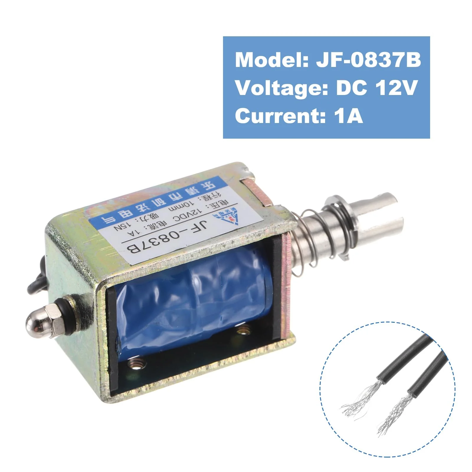 QUARKZMAN DC 12V 1A Solenoid Electromagnet Push Type 15N 10 mm Hub Electromagnetic Actuator Open Frame Linear Motion JF-0837B Magnet Electromagnet, Black Cable - Image 3