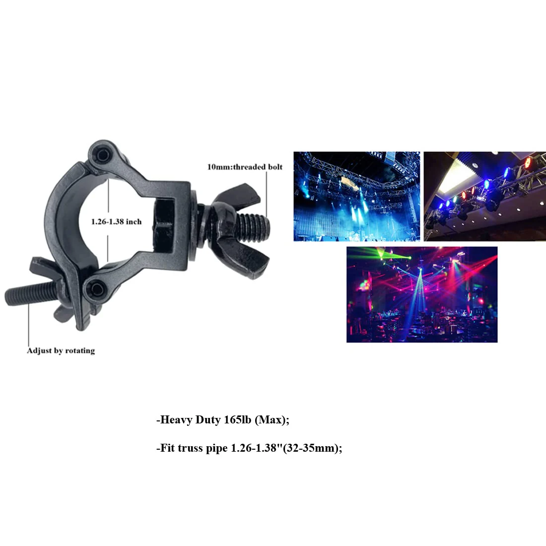 Quick O truss lighting clamp Fit 1.26-1.38" heavy duty aluminum alloy 165 LBs Hook Clamps for DJ lighting truss clamps (Black) (4PCS) - Image 4