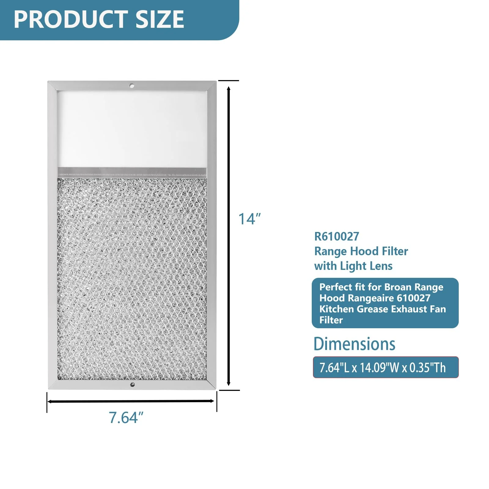 R610027 Range hood Filter with Light Lens Replacement For Broan range hood R610027 SR610027 1568322 1568323 PM25WW PM25BL AL9245 Aluminum Mesh Grease Filter 7-5/8" x 14-1/8" x 3/8" 2 Pack - Image 2